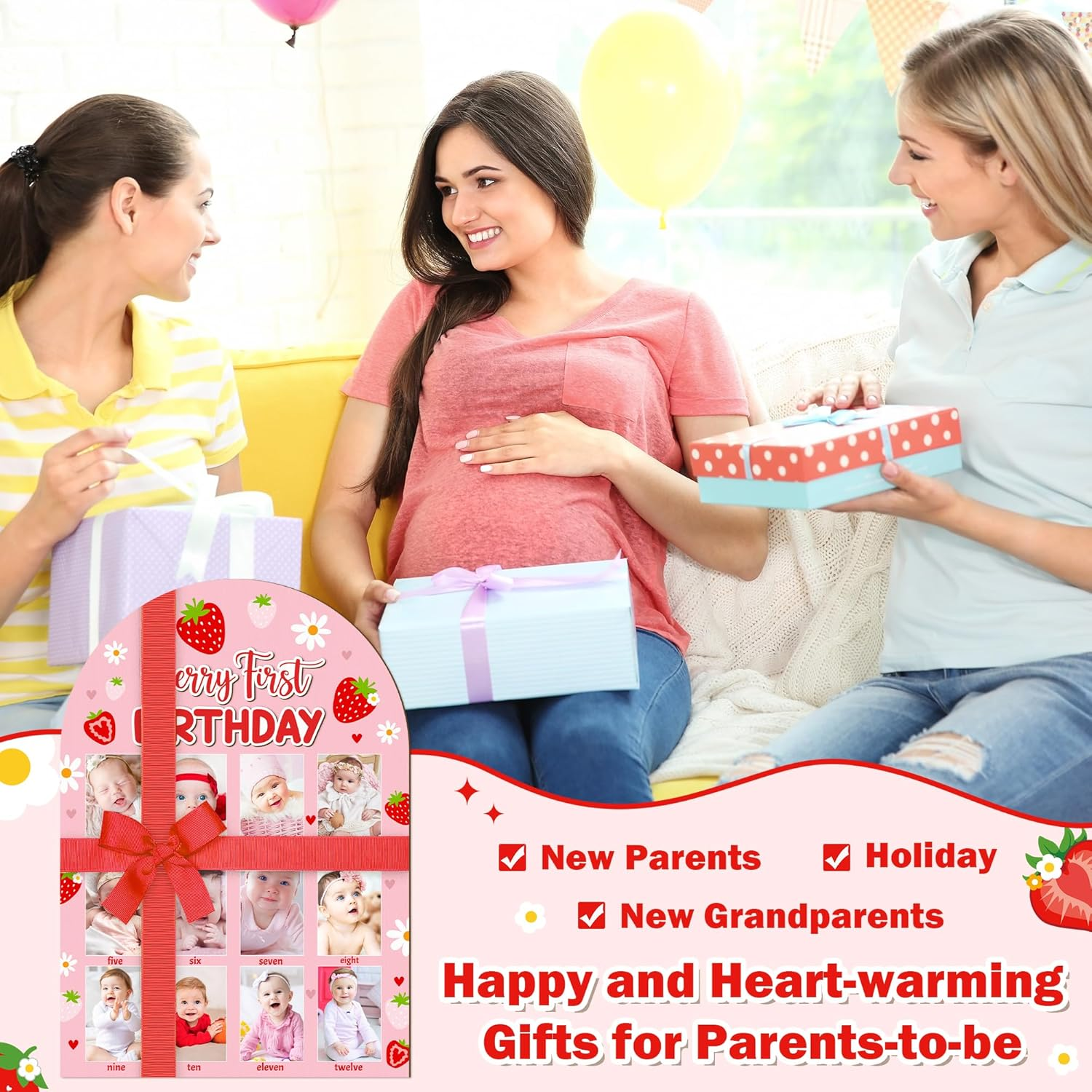 R HORSE 3D Berry First Birthday Wood Photo Display Board, Pink Strawberry Baby'S First Year Picture Frame, 1-12 Months Milestone Board Birthday Decorations Keepsake Gift for Baby Girls Nursery Decor image number 2