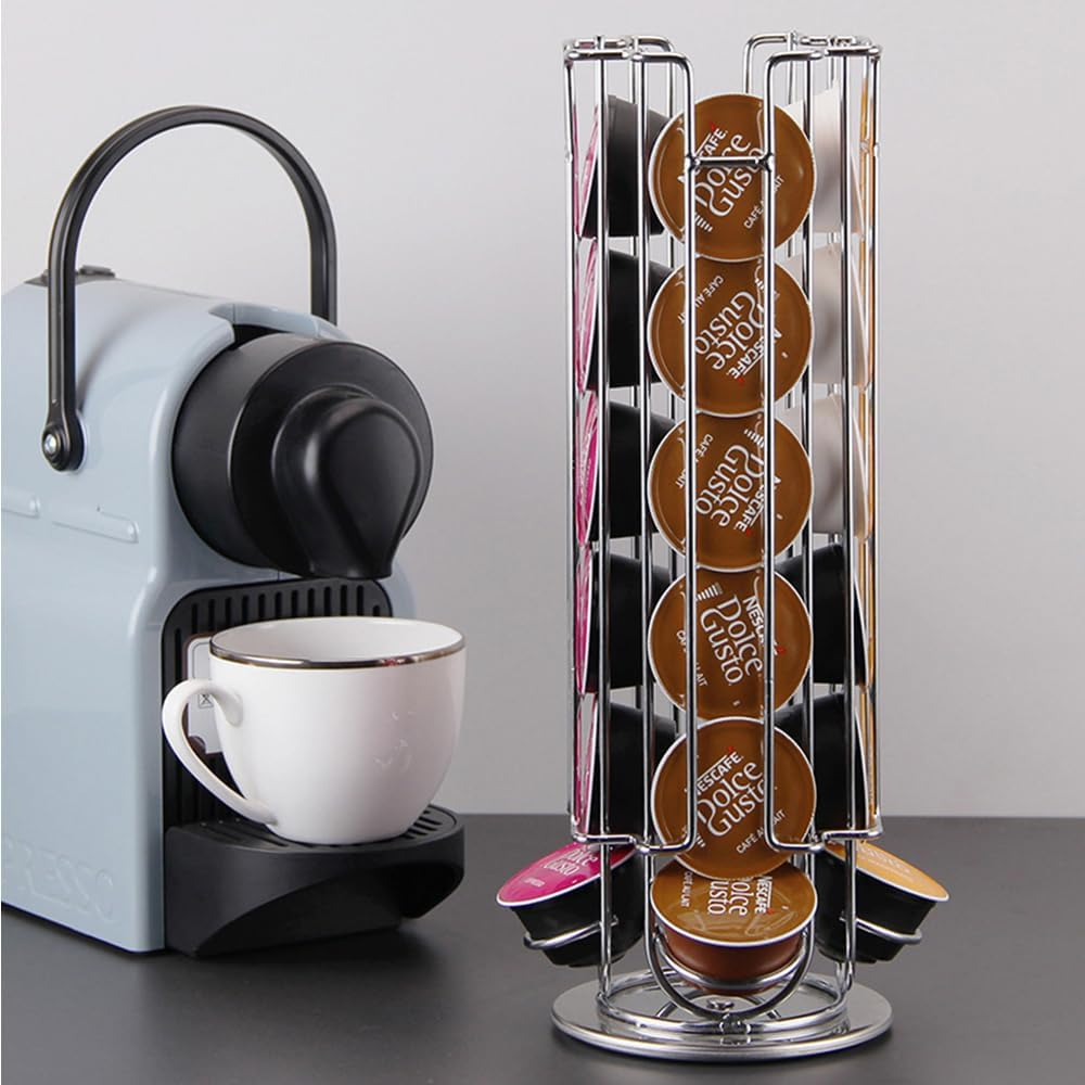 BIGTEDDY Dolce Gusto Coffee Capsule Storage Rack, 24 Pods, Silver, Modern, Revolving, Countertop, Home, Bar, Office, Restaurant, 13*13*33 Cm image number 3