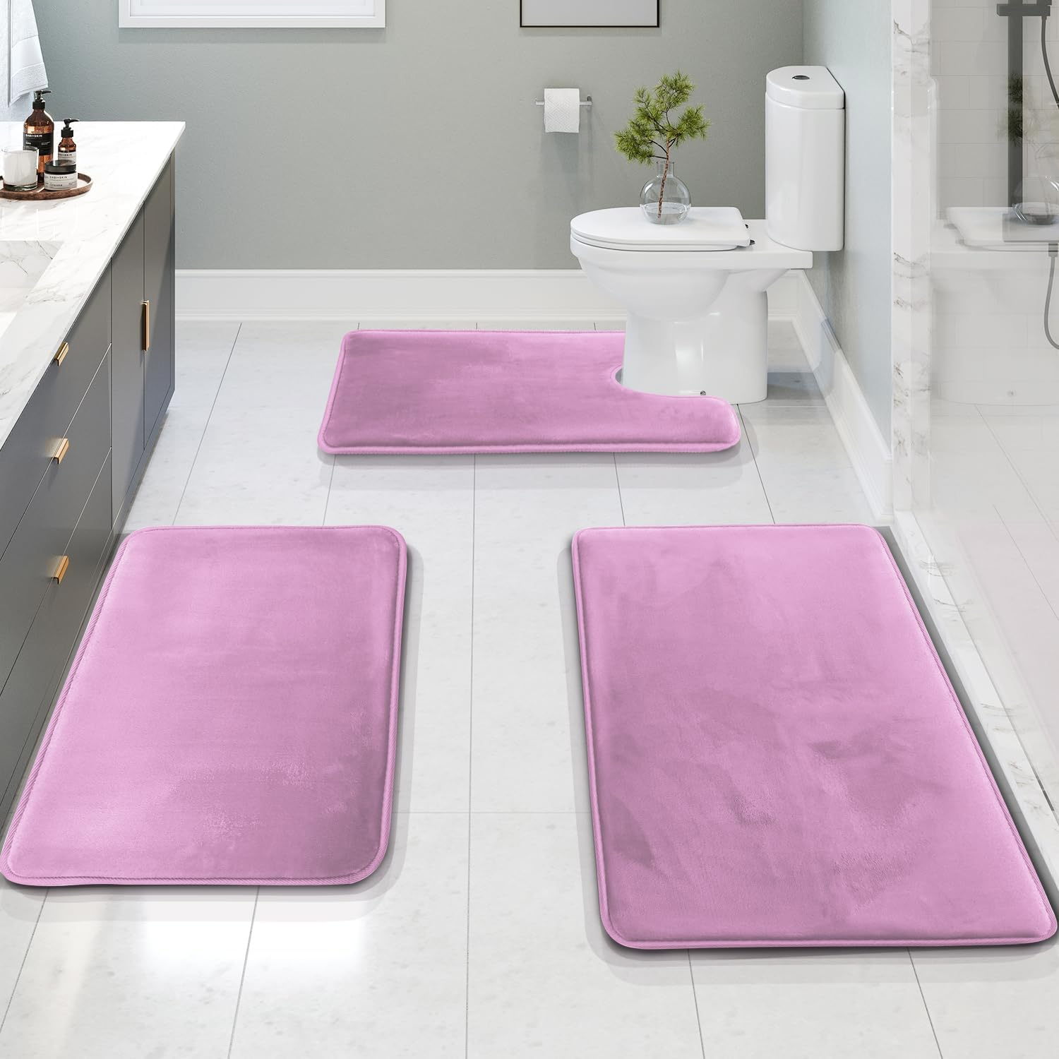 Clara Clark 3 Piece Bathroom Rugs Bath Mat Set, Velvet Memory Foam Bath Mats for Bathroom - Non-Slip, PVC Backing Bath Rugs, Washable - Dries Quickly, Lavender image number 2