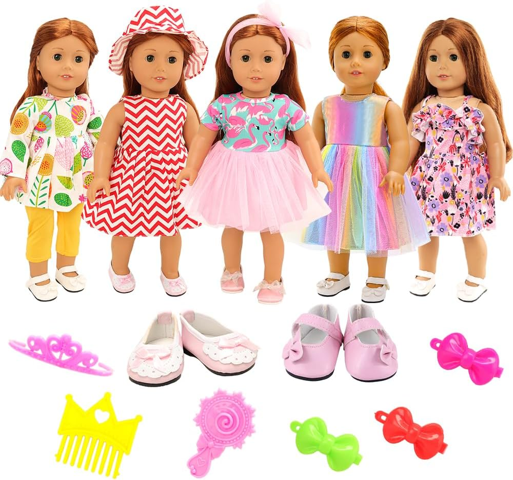 BARWA 18 Inch Doll Clothes and Accessories 5 Sets Clothes Dress Outfits with 2 Pairs Shoes for 18 Inch Girl Dolls image number 3