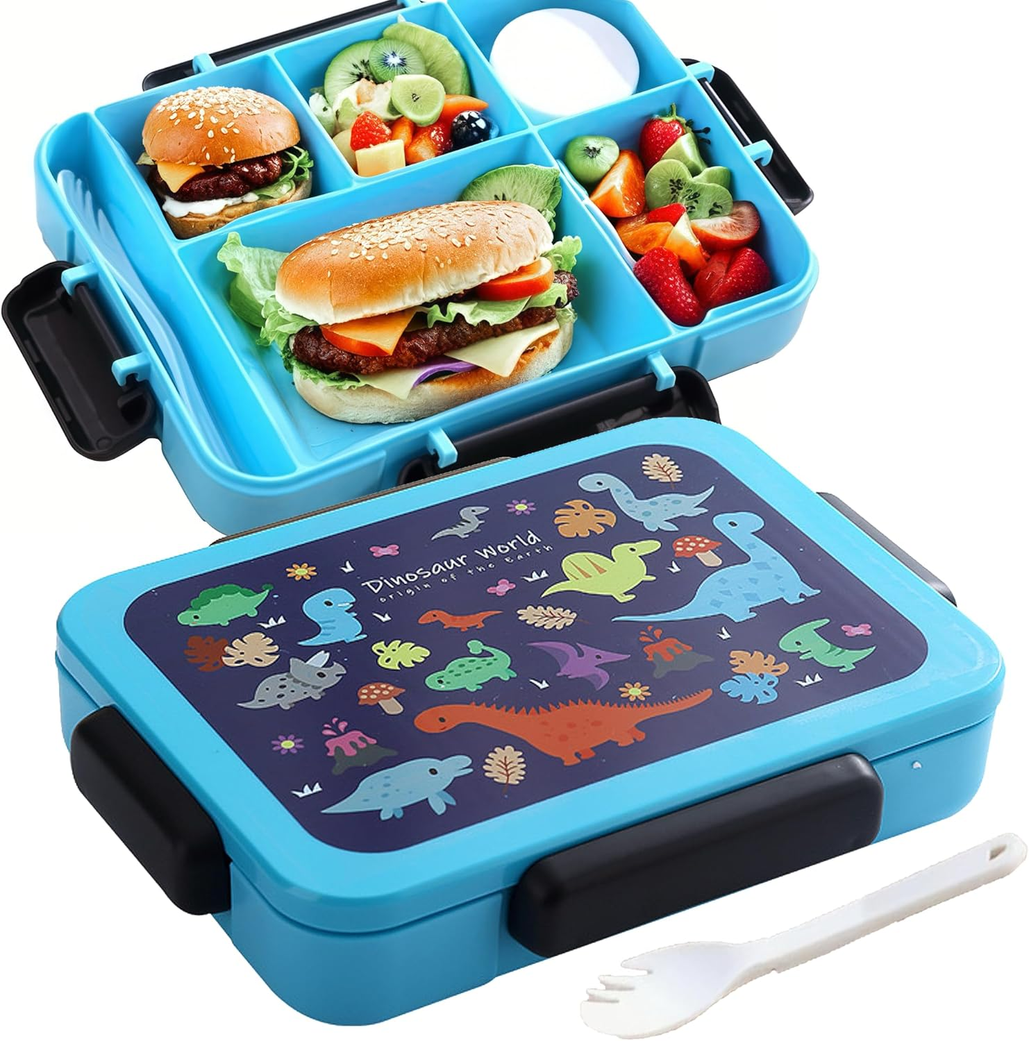 STRONGBERRY Kids Lunch Box, Healthy and Microwave - Safe, Dinosaur Parade, Purple Unicorn, Brown Bear Designs (Blue Dinosaur) image number 5