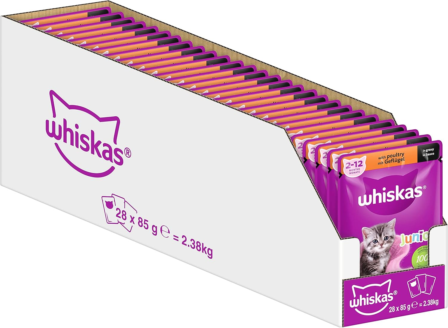 WHISKAS Junior Kitten Meal, Cat Bag, Pack of 84 85G Fresh Sachets, 4 Varieties in Sauce, Complete and Balanced Wet Kitten Food image number 1