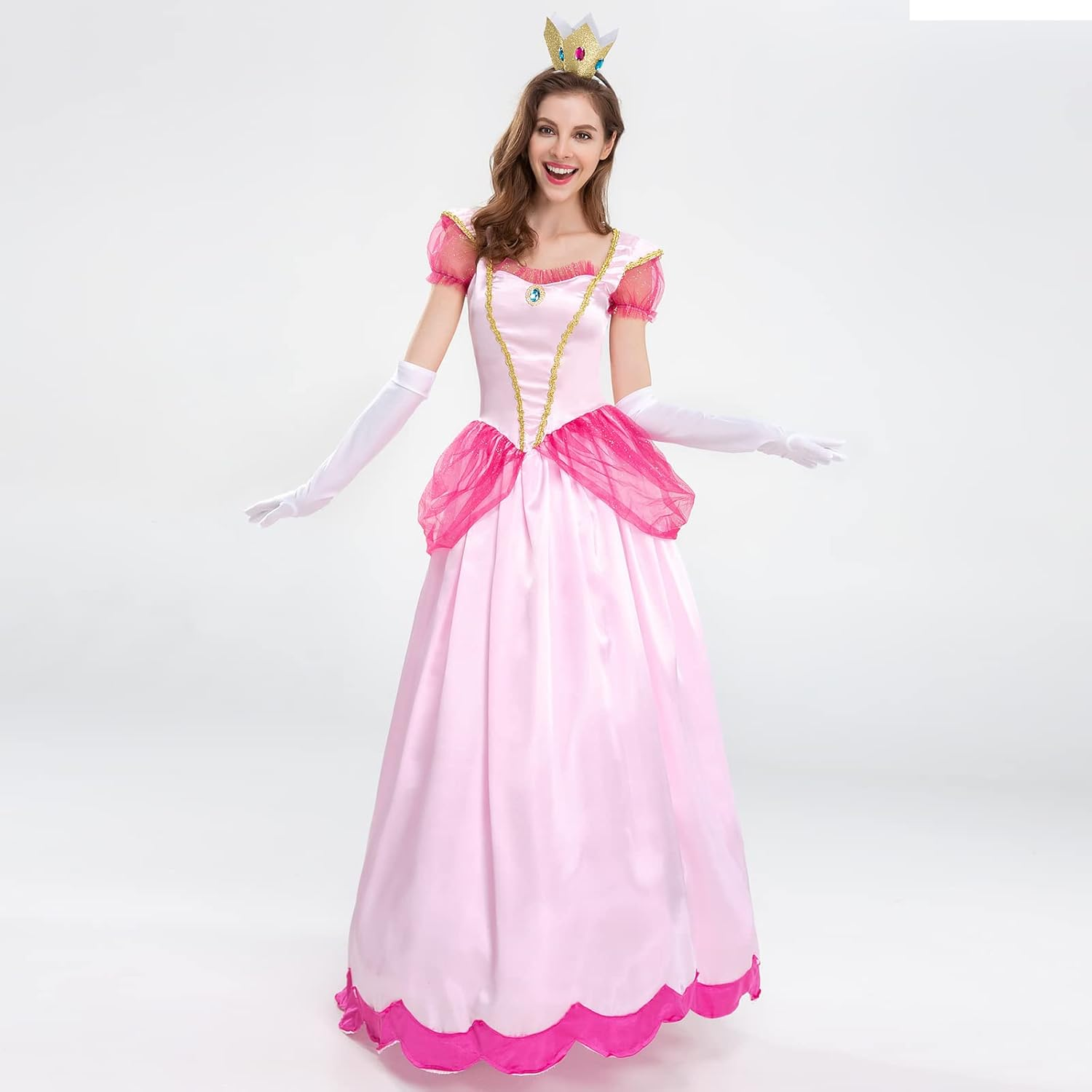 AFAVOM Princess Peach Costume with Crown and Gloves for Adult Women Halloween Birthday Party Dress up Fancy Cosplay Outfit image number 1