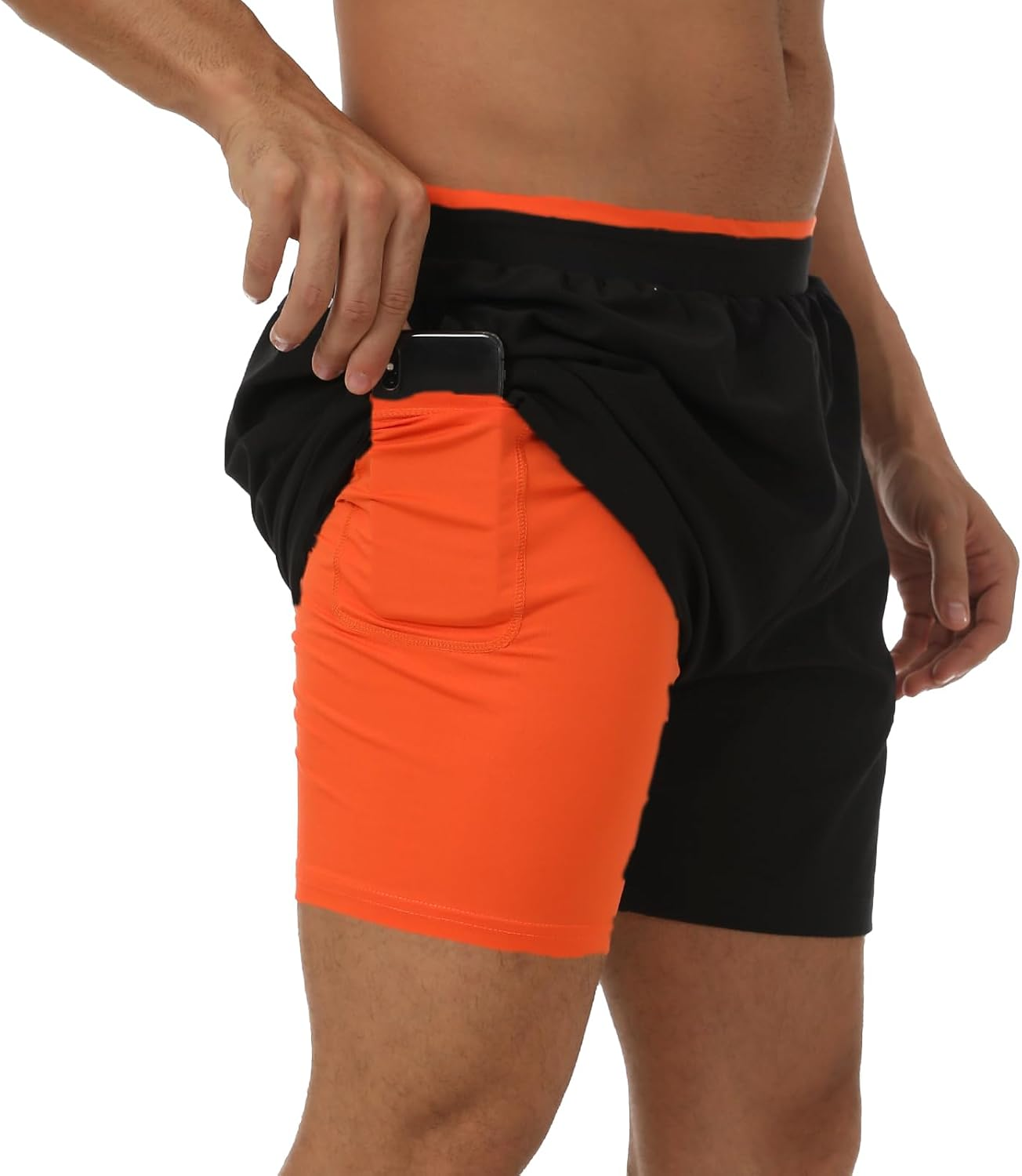 Queday Mens 2 in 1 Black Running Shorts with Liner 5 Inch Quick Dry Gym Athletic Workout Shorts with 2 Side Pockets Hidden Pocket Inner Pocket