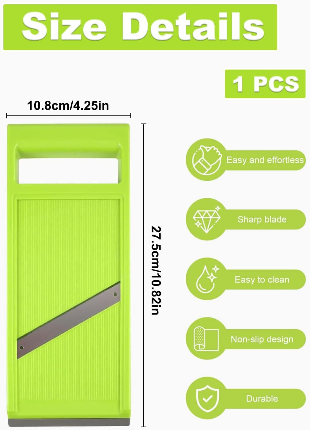 JUKOTA Vegetable Mandolin Cutter, Hand-Held Cucumber Slicer Made of Stainless Steel, Food Chopper with Ergonomic Handle, Portable Kitchen Slicer for Cheese, Onion, Potatoes (Green) image number 4