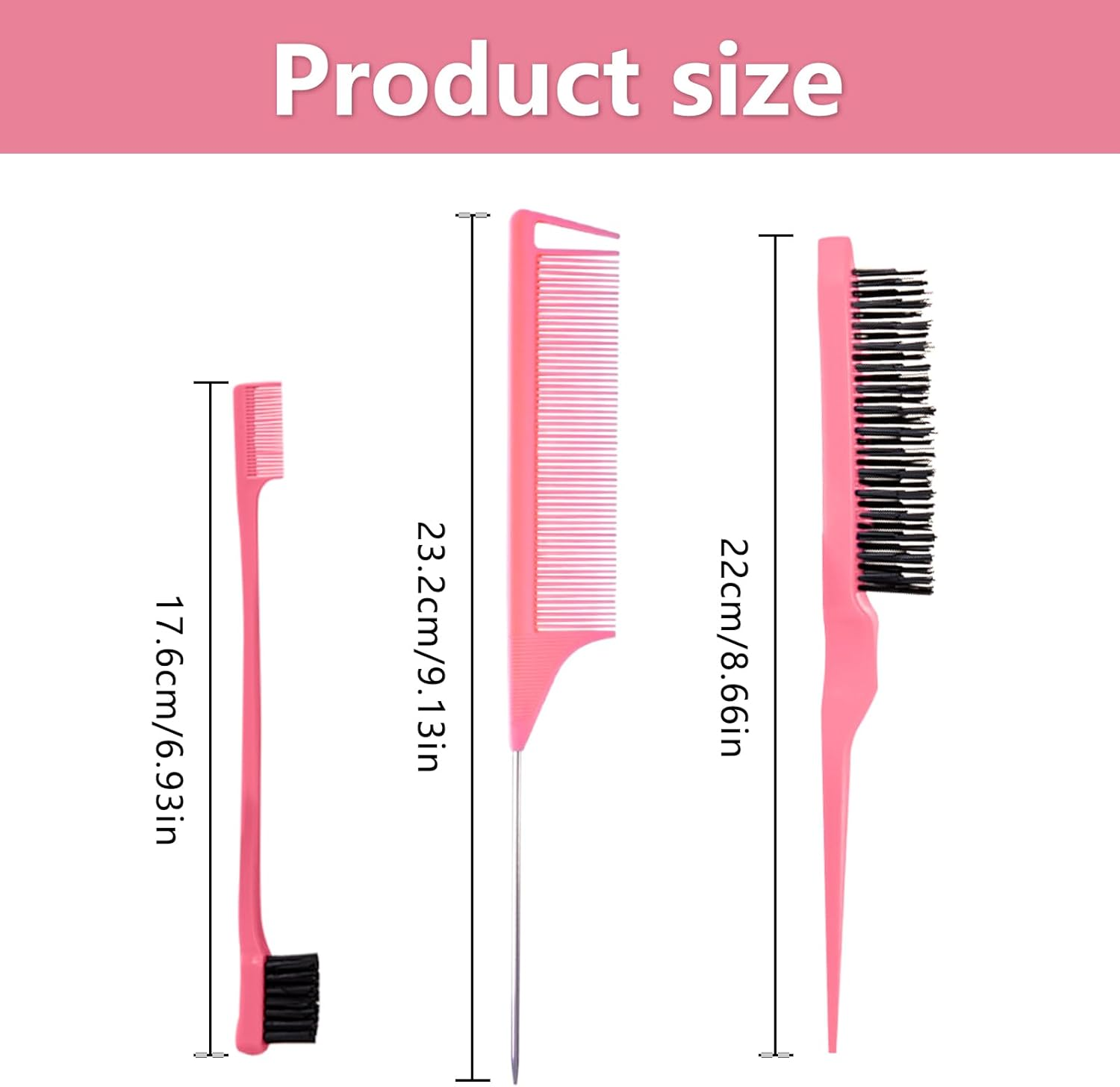 Debbery 3 Pcs Hair Brush Set, Slick Back Hair Brush Edges Brush, Back Combing Brushes, Rat Tail Comb Double Sided Edge Brush for Teasing Hair Slicking Brushing Combing Styling (Pink) image number 5