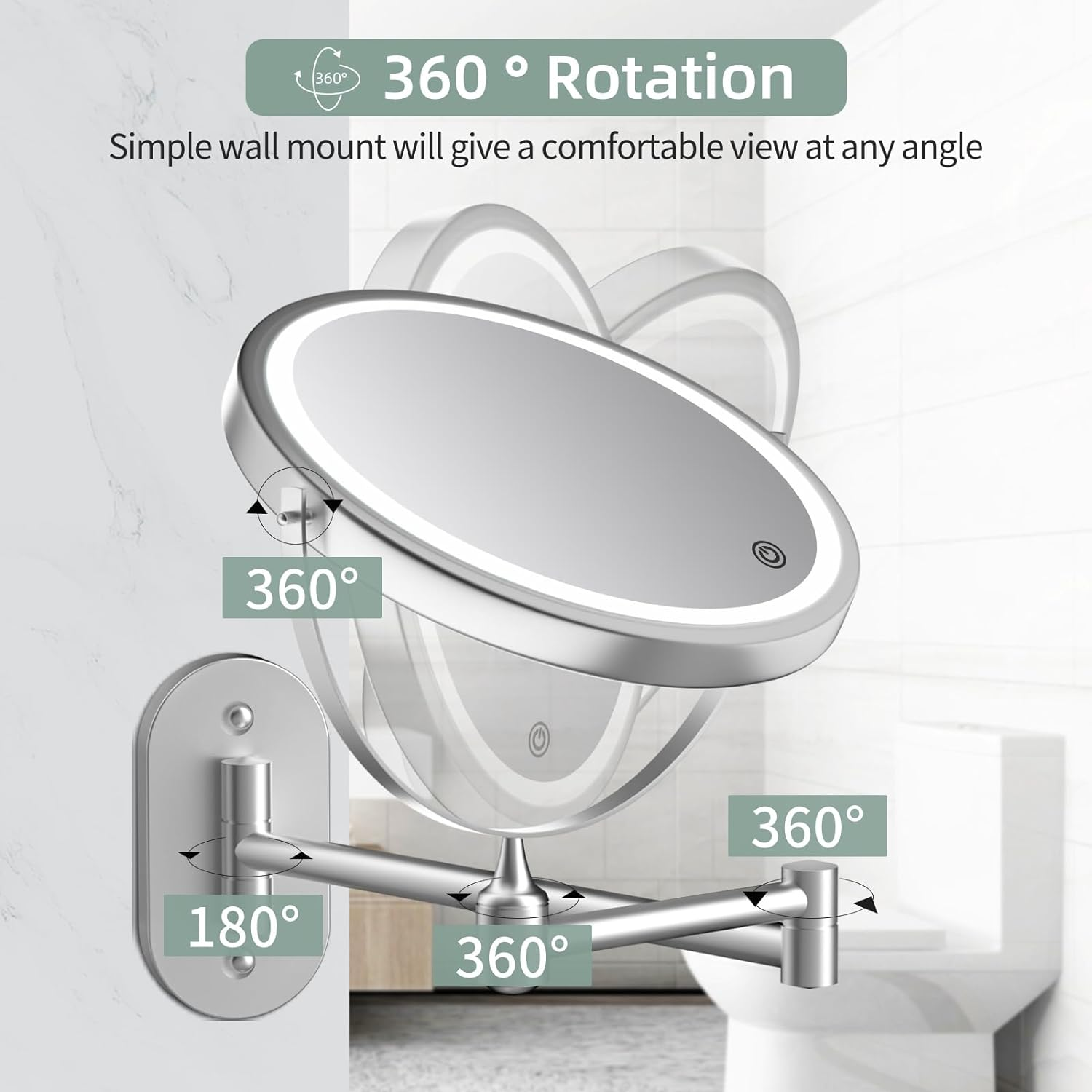 Rechargeable Wall Mounted Lighted Makeup Vanity Mirror 8 Inch 1X/10X Magnifying Bathroom Mirror with 3 Color Lights, Double Sided with Dimmable LED Lights, Extended Arm 360&deg; Swivel Extension Mirror - Siliver With 7X Magnification image number 6