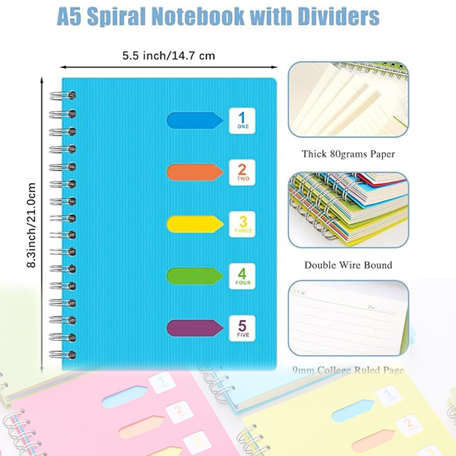 WEZCHUGHAOL 2Pcs A5 Wide Ruled Hardcover Tabbed Notebook Journal with Divider Tabs - 5 Subject Spiral Notebook, 480 Pages, Green, 5.5" &times; 8.3" (Blue Green) image number 5