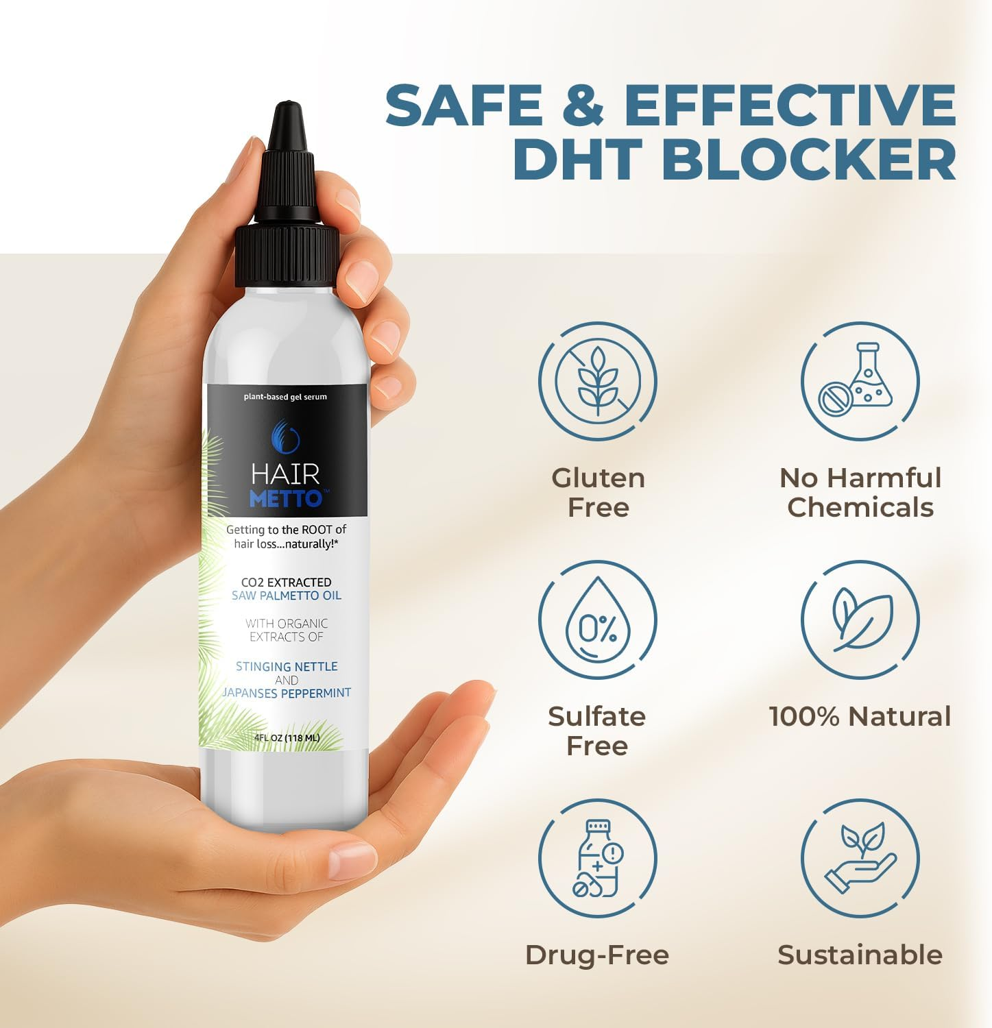 HAIRMETTO&reg; Topical Hair DHT Blocker Serum for Hair Loss, Hair Regrowth with Saw Palmetto Oil, Stinging Nettle Oil, Rosemary Oil, Soothes Dry Scalp, Non-Oily, Peppermint Scent, 4Oz Bottle image number 2