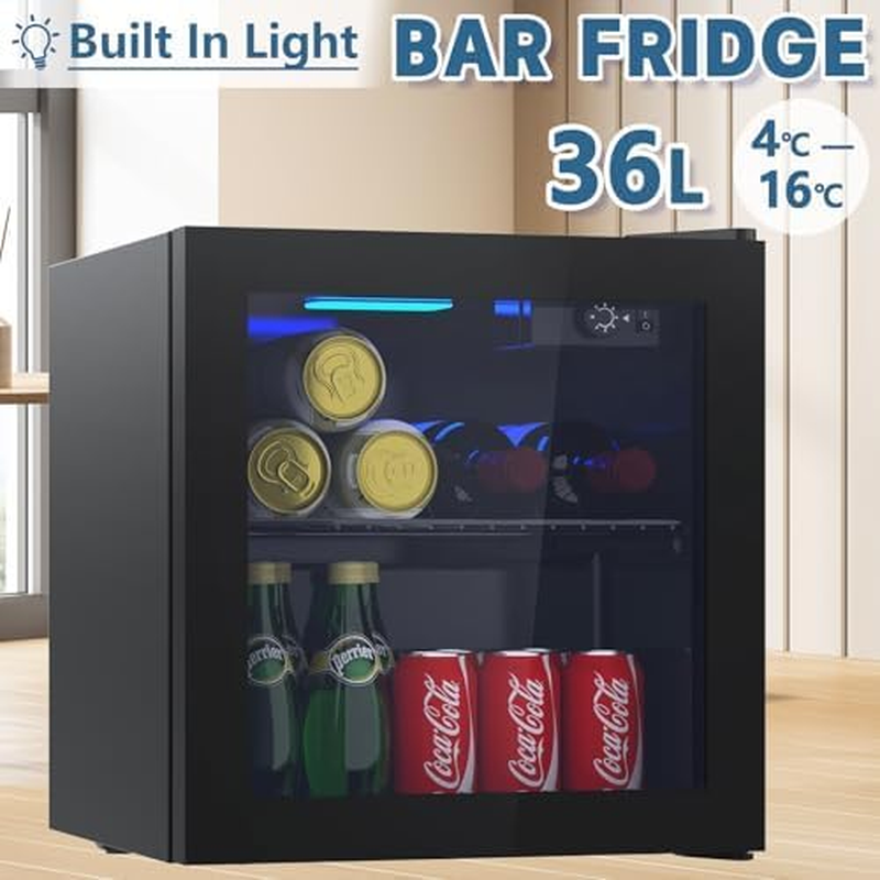YOPOWER Mini Bar Fridge Glass Door, 36L Beverage Refrigerator Small Fridges for Beer Soda or Wine, Black