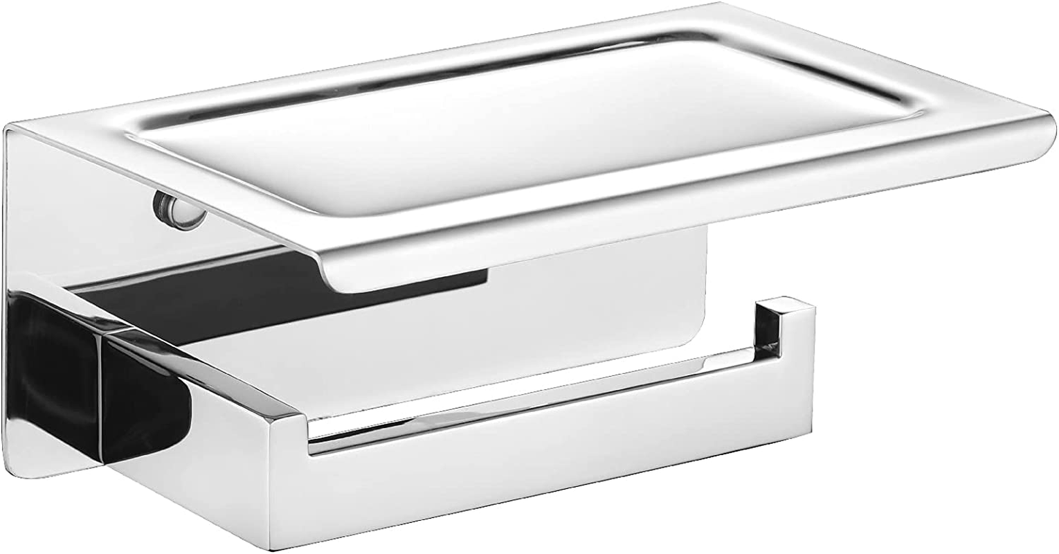 Decaura Toilet Paper Roll Holder with Phone Shelf Wall Mounted 304 Stainless Steel Bathroom Modern Tissue Towel Holder (Black)