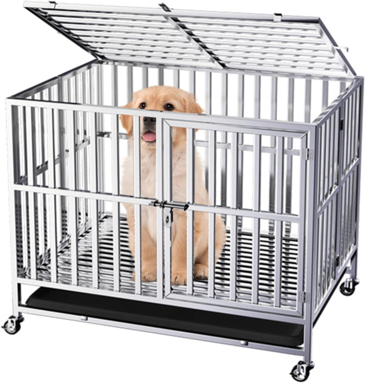 PORIYA 94Cm Foldable Heavy-Duty Metal Dog Cage with 2 Lockable Doors, Chew-Proof Dog Crate, Removable Tray，Indoor & Outdoor Portable Cage for Large Dog