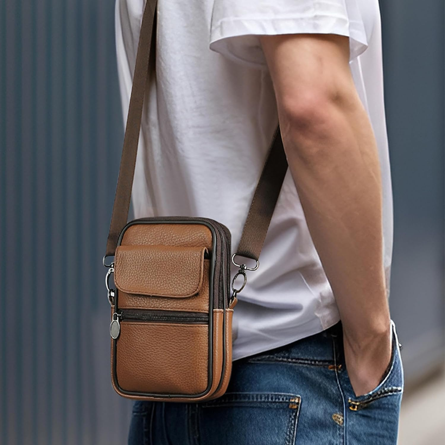 Mens Shoulder Bags,Travel Shoulders Bag Messenger Bag Vintage Genuine Leather Mans Change Purse with Zipper Pocket Waterproof Crossbody Handbag Satchel Sling Pack for Leisure,Festivals and Travel - Brown (6041) image number 3