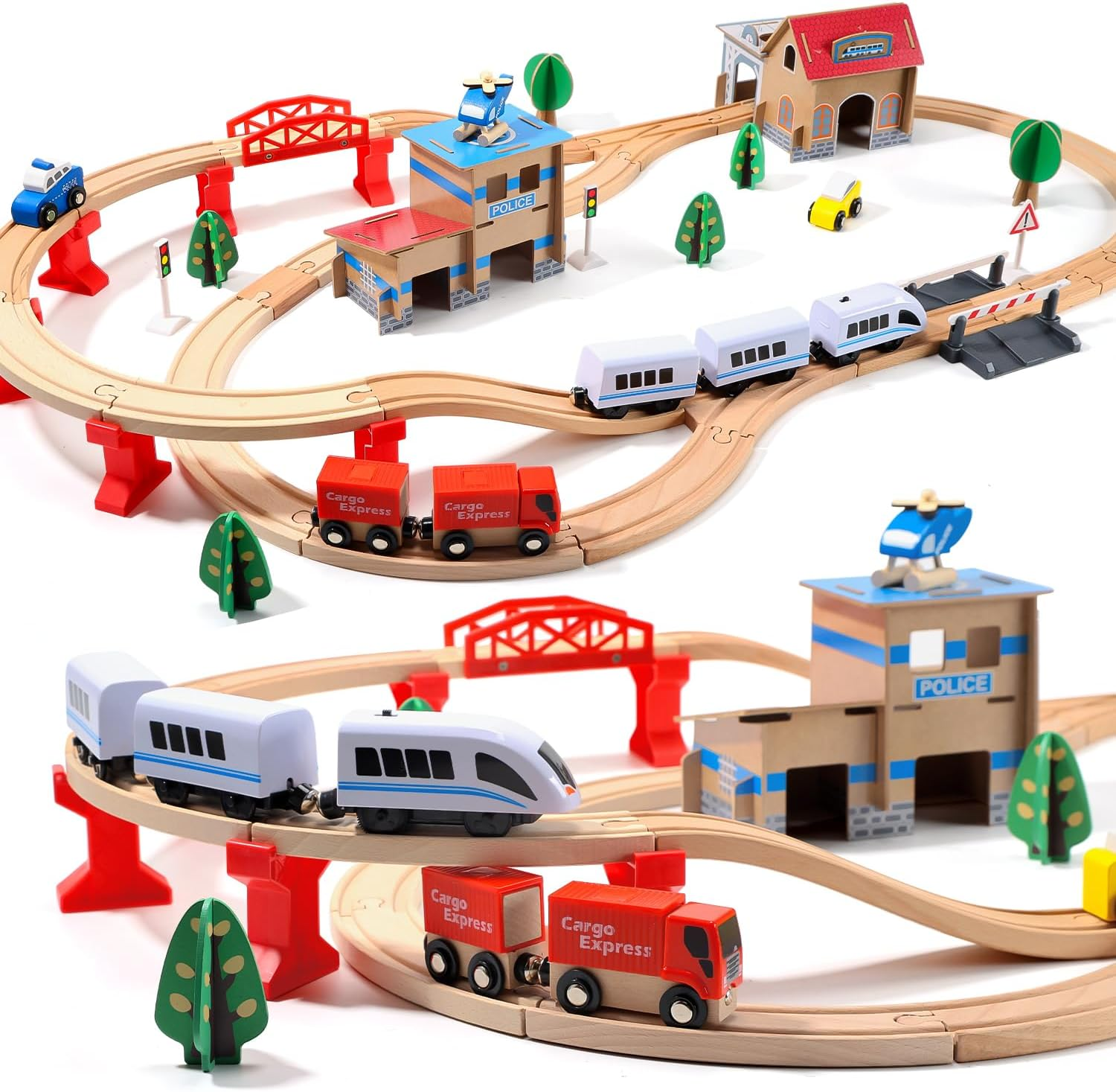 HOLYFUN Electric Wooden Train Toy Set for Toddlers, 88 PCS Train Track Toys with Cars & Accessories, Railway Set for 3 4 5 Years Old Kids, Boys and Girls image number 2