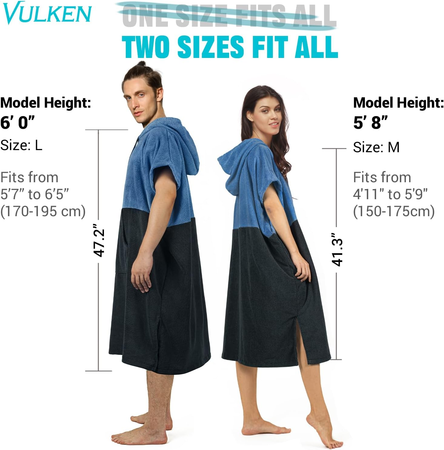 Vulken Thick Hooded Beach Towel Changing Robe, Surf Poncho for Men and Women, Easy Change, Microfiber Towelling for Beach Swimming, 47"X37", Black Blue image number 3