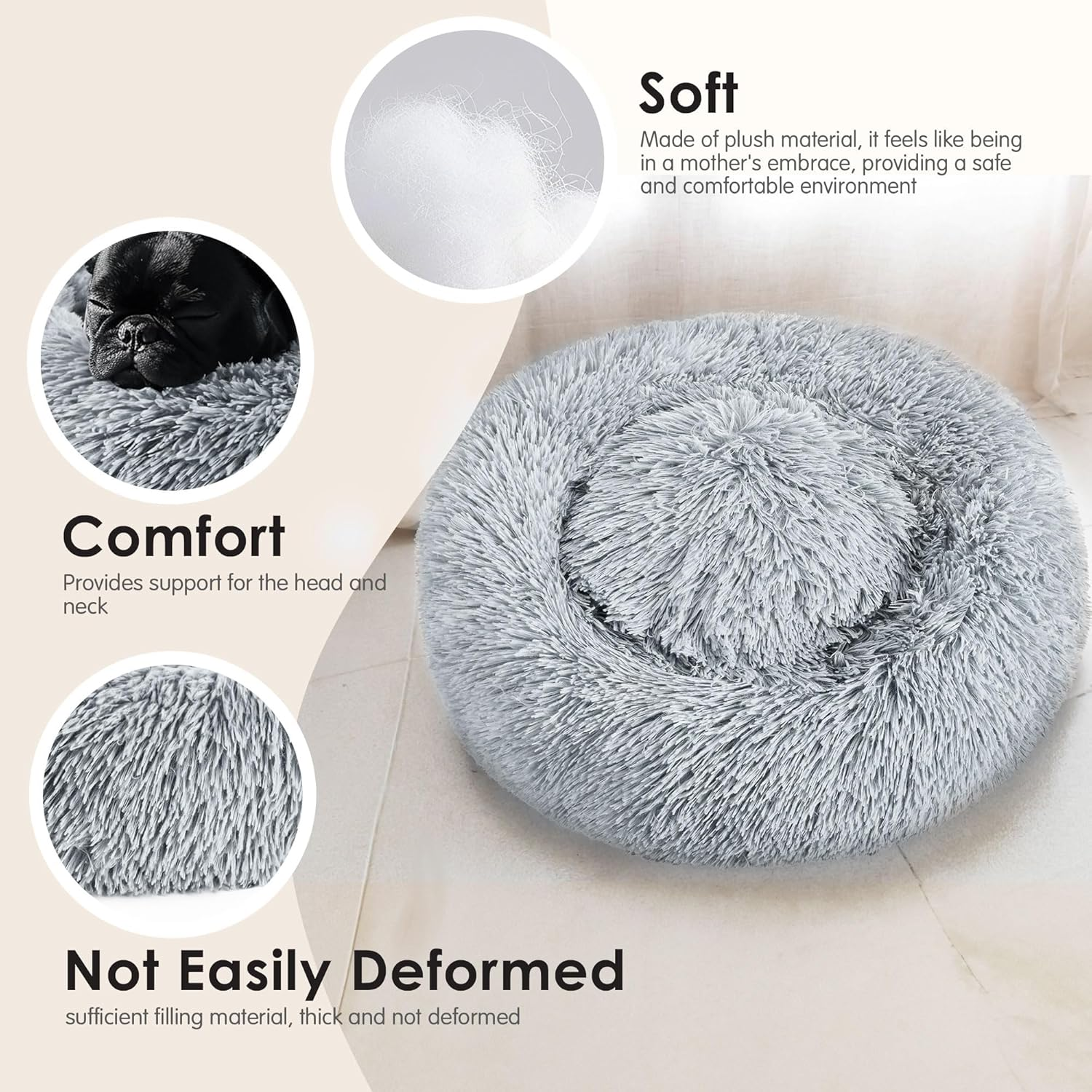 Dog & Cat Bed for Indoor Cats, 20In Calming Donut Bed for Puppy and Kitten, Washable round Fluffy Pet Bed for Small Medium Dogs and Cats (Light Grey) image number 4