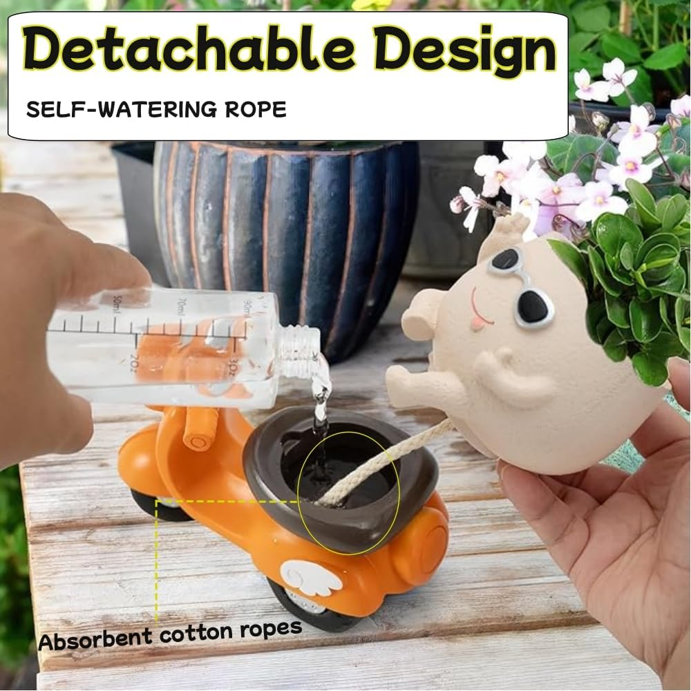 Unique Face Self Watering Planter Pots,Garden Pot with Drainage Hole,Cute Motorcycle Succulent Pot for Indoor Outdoor Funny Head Planters for String of Pearls Plant Live Gift Ideas for Christmas image number 3