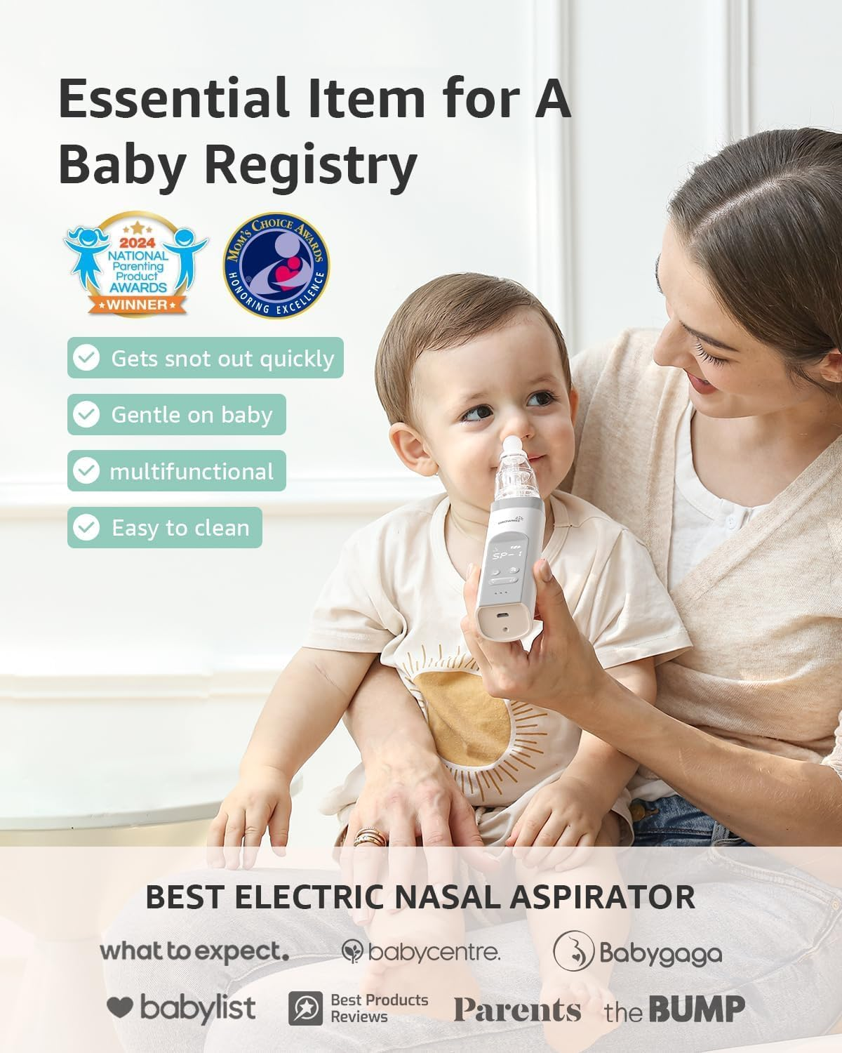GROWNSY Nasal Aspirator for Baby, Electric Nose Aspirator for Toddler, Baby Nose Sucker, Automatic Nose Cleaner with 3 Silicone Tips, Adjustable Suction Level, Music and Light Soothing Function (Gray) - Grey image number 5