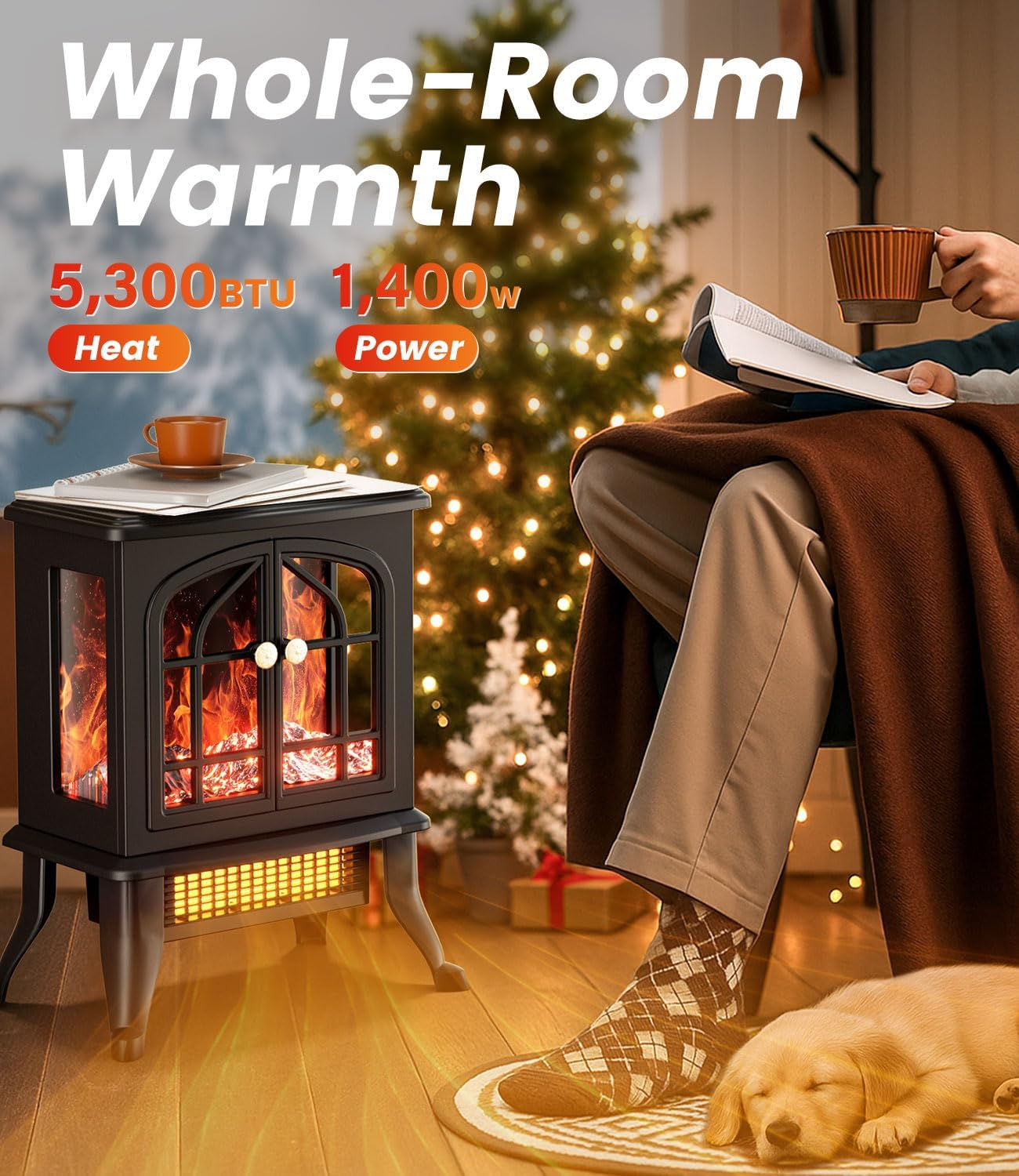 BLUEQUE Fan Heater for Bedroom - 2000W Electric Space Heater, Stove Fireplace Heating with Realistic LED 3D Flames, Fake Freestanding Fireplace for Living Rooms, Office, Indoor Home Use