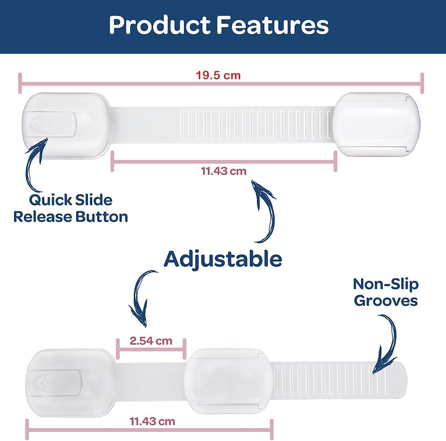 ONE Click Baby Proof Adjustable Child Safety Locks (8-Pack) I Multi-Purpose Use for Cabinets, Cupboards, Toilets, Fridge, Oven, Bins | Strong 3M Adhesive. image number 6