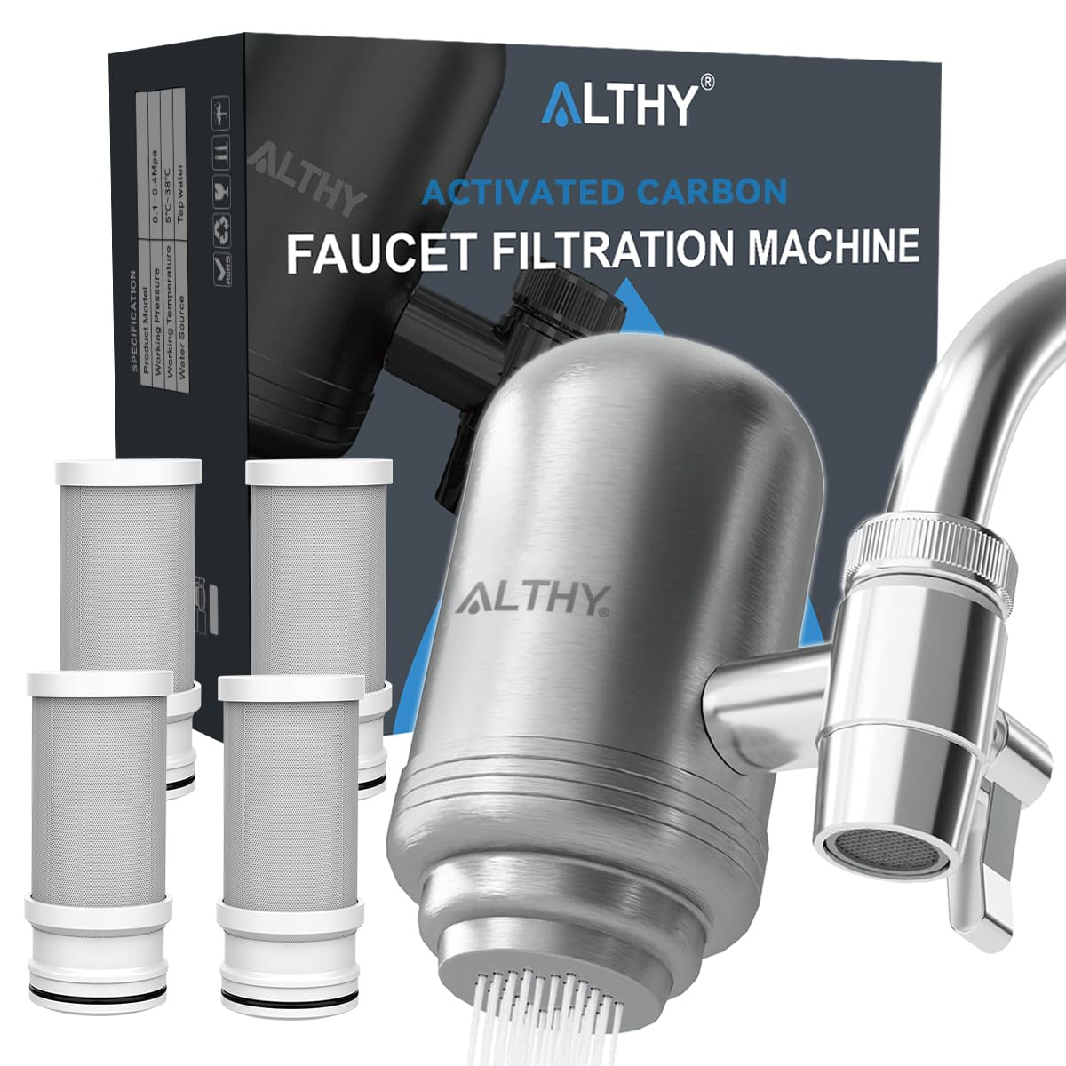 ALTHY Stainless Steel Faucet Mount Water Filtration System, Bpa-Free 400-Gallon Tap Water Filter Purifier for Sink, Certified Reduces Chlorine Heavy Metals & Bad Taste, Includes 1 System & 4 Filter image number 5