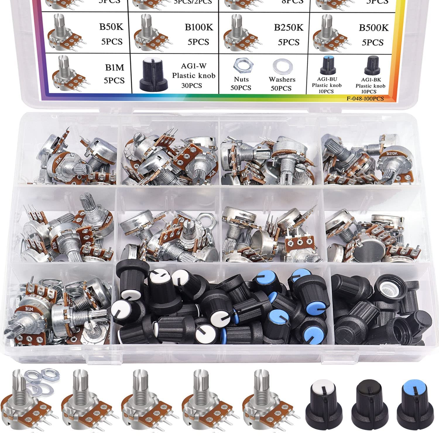 Taiss 20PCS Potentiometer Kit with Knobs B1K 2K 5K 10K 20K 50K 100K 250K 500K 1M Ohm Potentiometers Assortment 3 Terminals Linear Taper Rotary Audio B Type Potentiometer,Volume Control Potentiometer