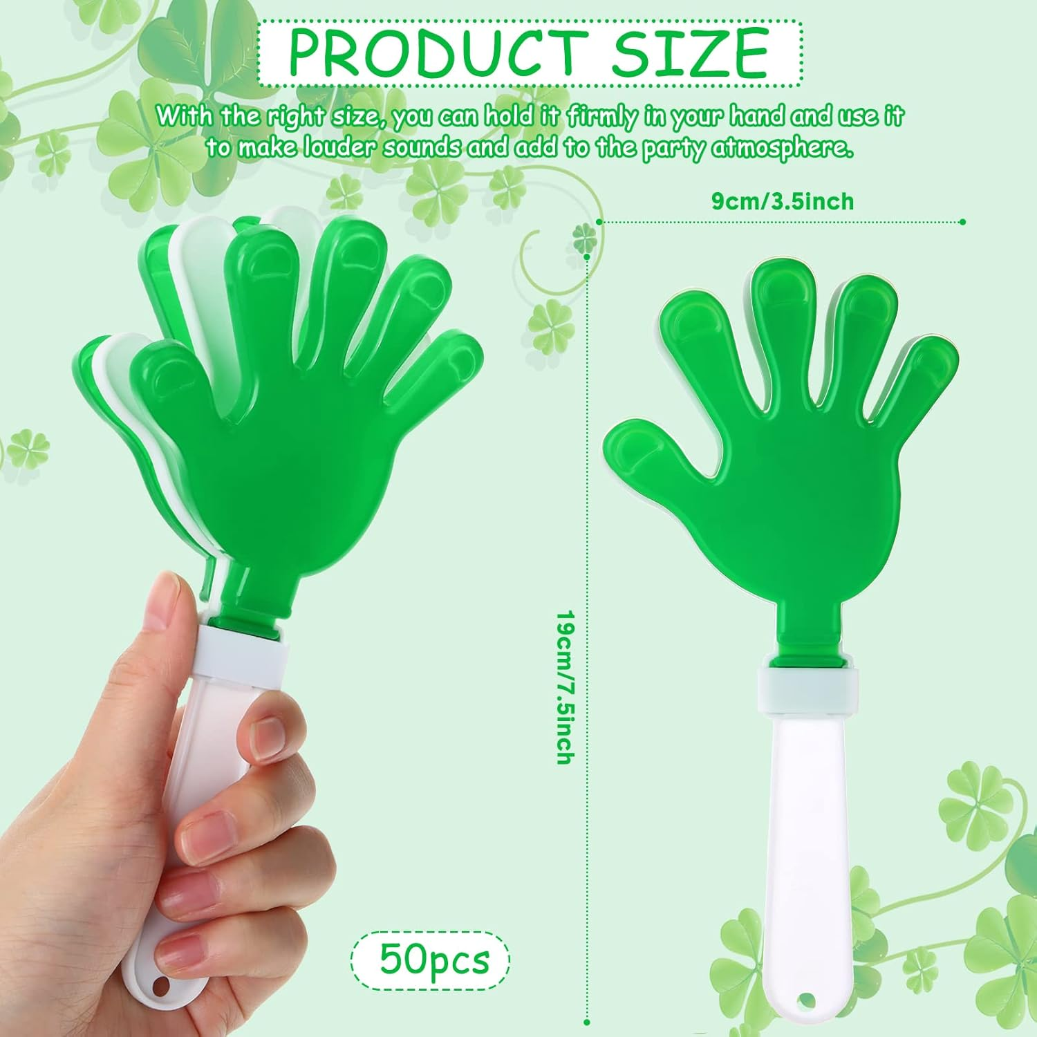 50 Pcs 7.5 Inch Green/White Hand Clapper Plastic Noise Makers for Sporting Events St. Patrick'S Party Hand Clappers Noisemakers for St. Patrick'S Day Party Favors Birthday Sports Game Celebration image number 5