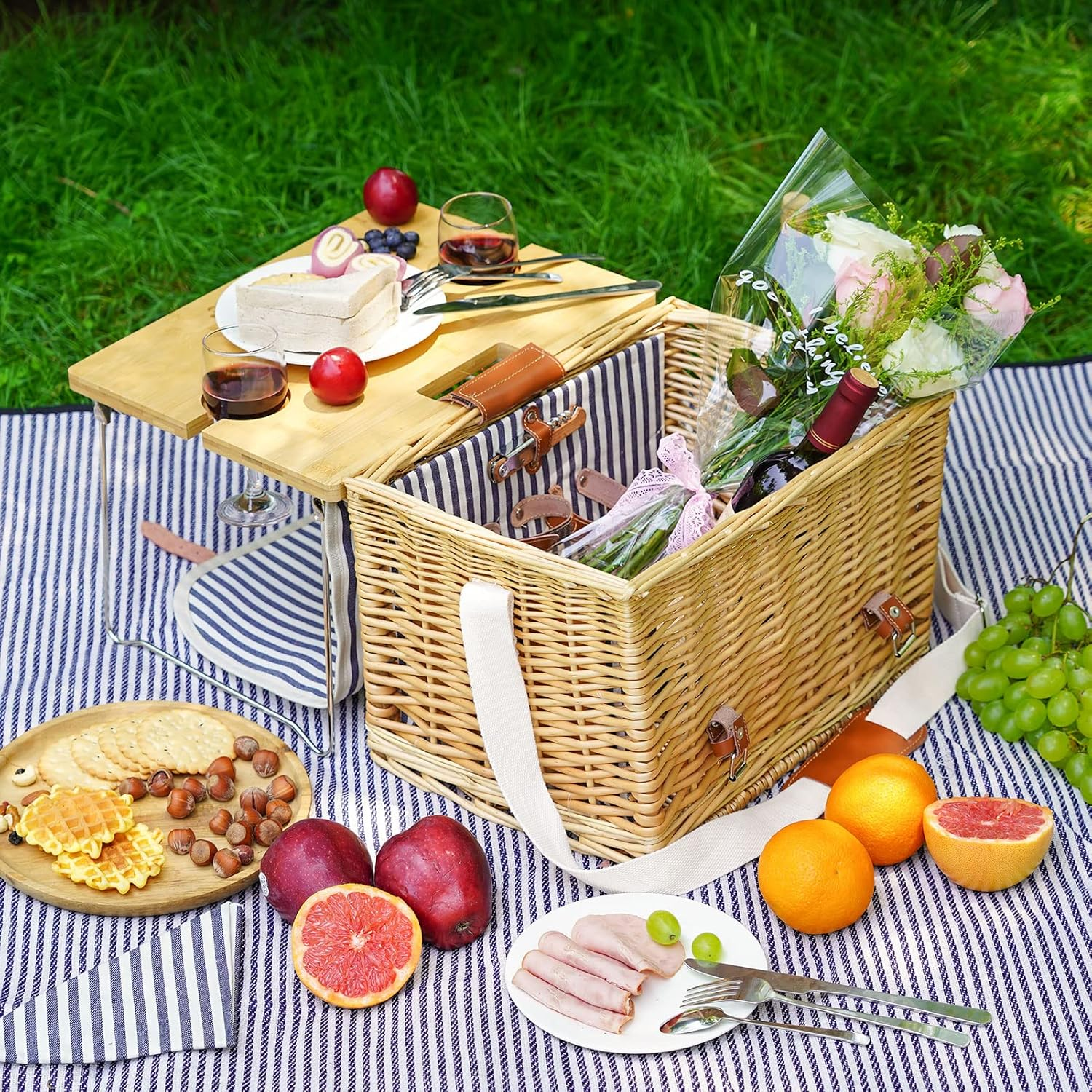Wicker Picnic Basket for 2 with Detachable Table, Elasticated Wine Holder, Shoulder Carrying Willow Picnic Hamper Set with Premium Tableware & Blanket for Outdoor, Wedding, Anniversary, Birthday Gift image number 3