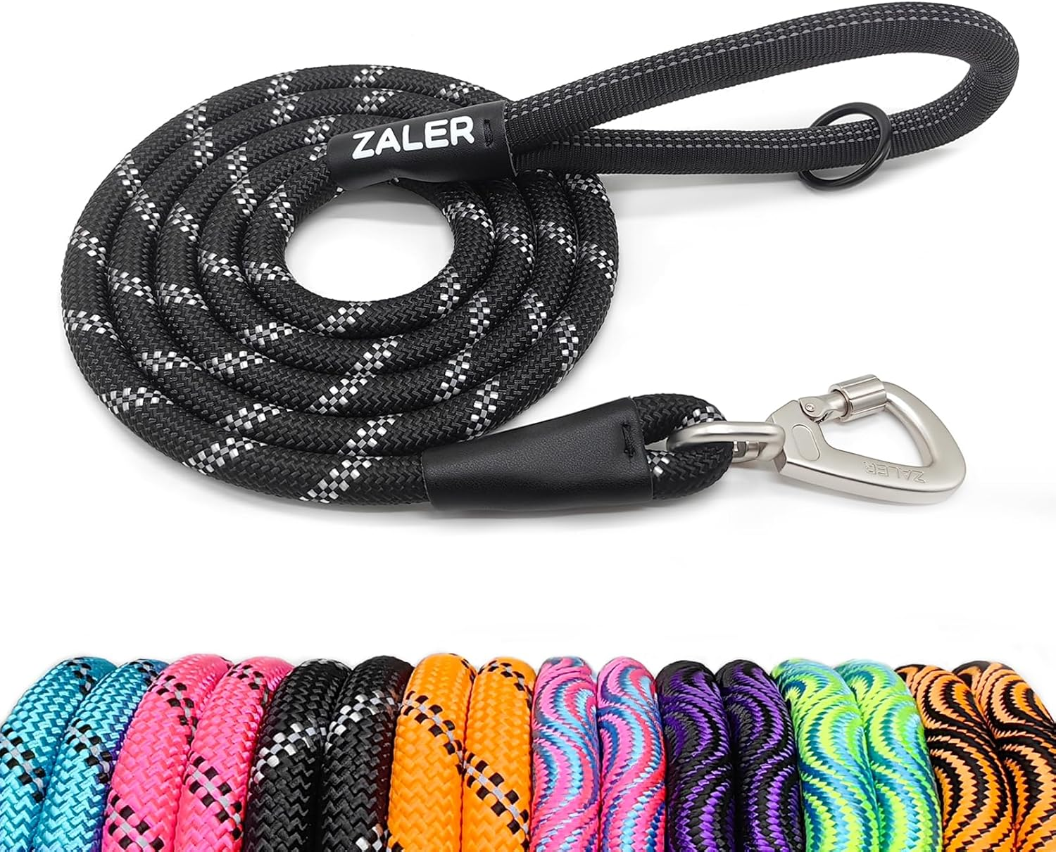 ZALER Rope Dog Leash, 4/5/6/10/15/20/30/50 Foot Reflective Dog Leashes with Carabiner, Heavy Duty Pet Lead for Large and Medium Dogs (4FT, Black)