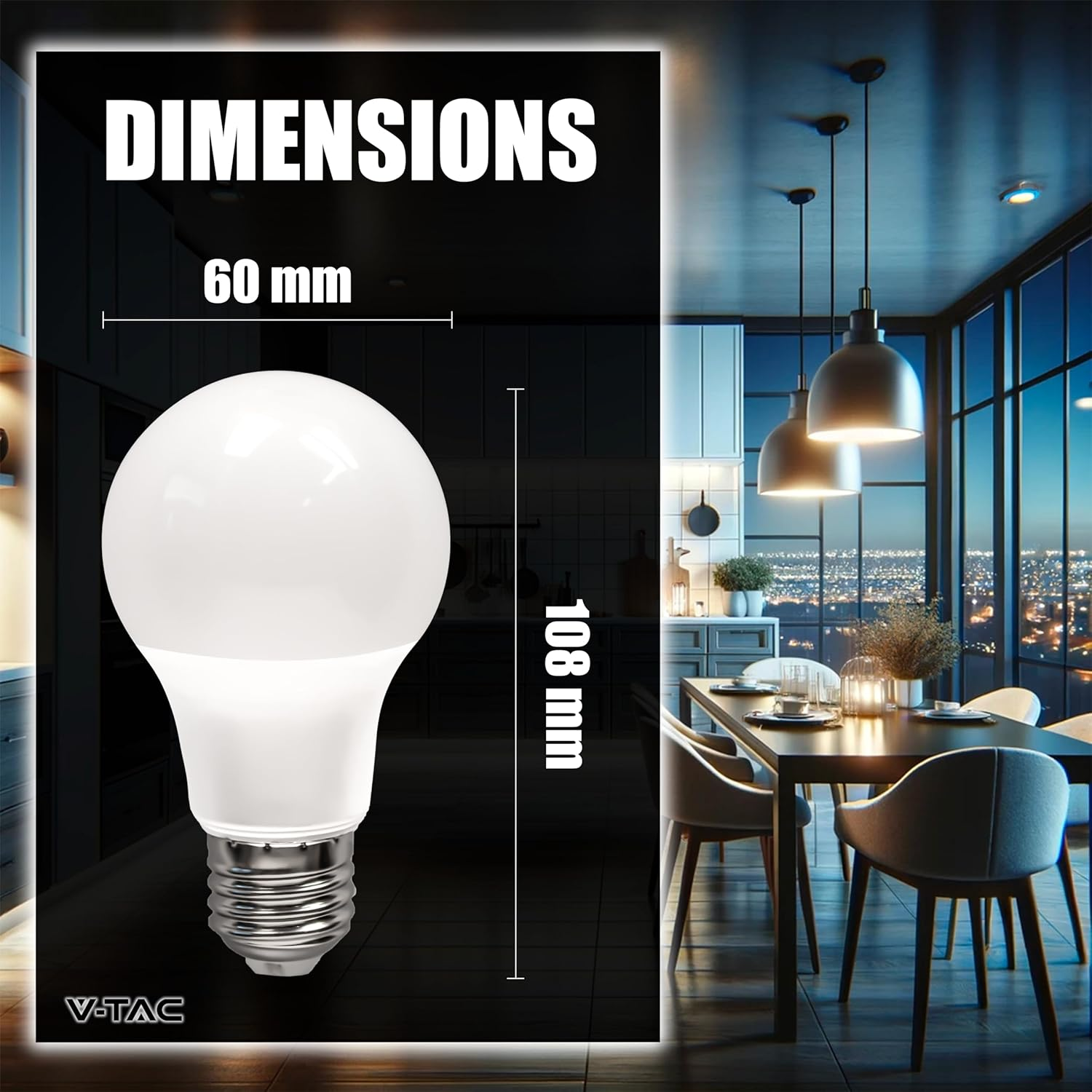 V-TAC 10 X E27 8.5W (60W Equivalent) A60-806 Lumen LED Light Bulbs - 200&deg; Beam Opening - Maximum Efficiency and Energy Saving - 3000K Warm White image number 1