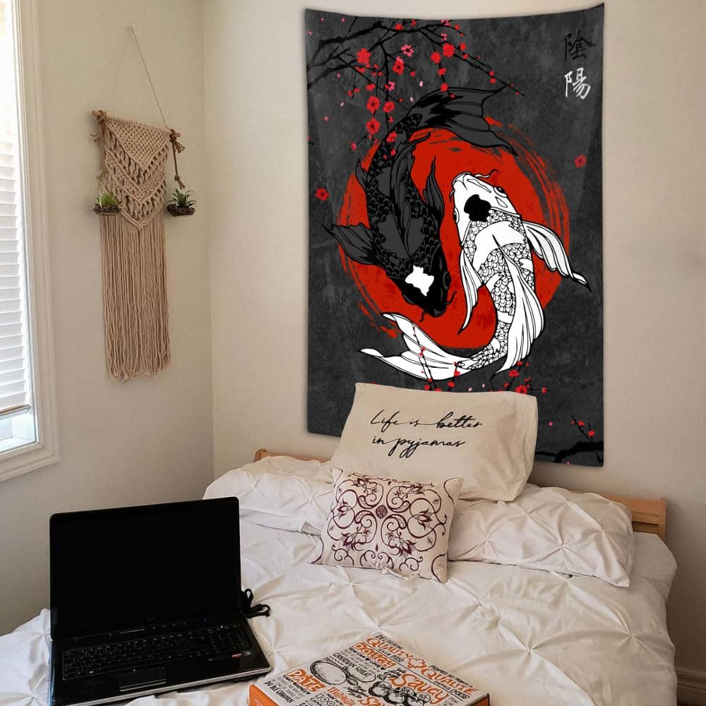 Japanese Yin Yang Koi Fish Tapestry, Cool Red and Black Anime Sakura Art Tapestries Vertical Wall Hanging for Men Bedroom Living Room Office Decor 40X60", Asian Cherry Blossoms Poster Blanket image number 3