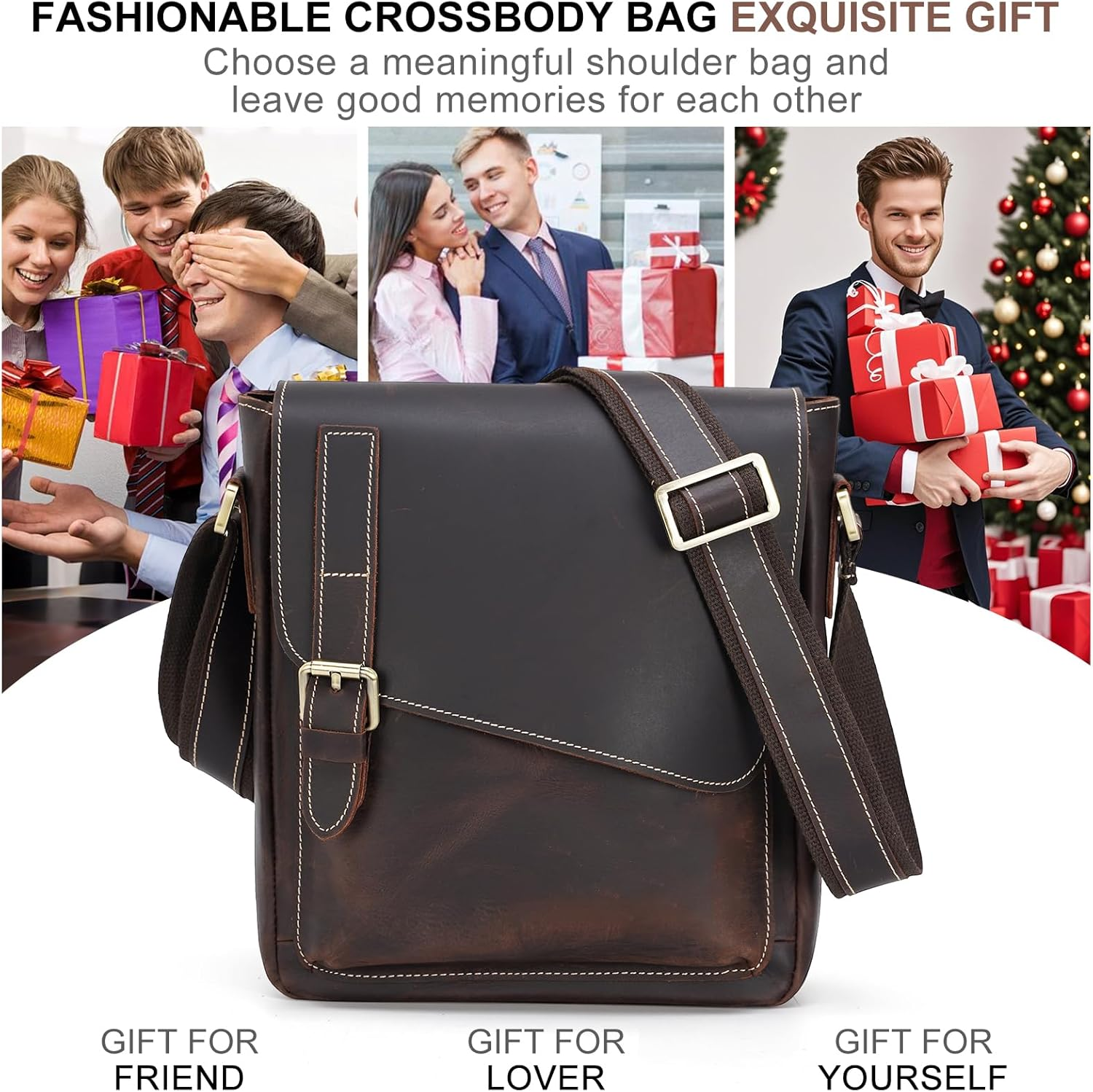 TIDING Vintage Leather Crossbody Bag for Men Women Messenger Bag Fits 10 Inch Tablet Flap over Man Purse Handbag image number 2