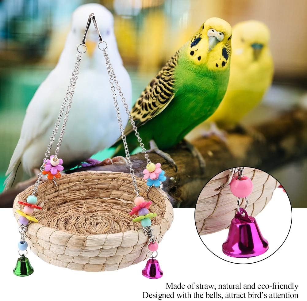 Bird Nest Bed Straw Nest Natural Hand-Woven Straw Nest Bed Swing Toy with 4 Metal Bells Toy for Budgies Cockatiels Parrots Parakeets Cage Toy
