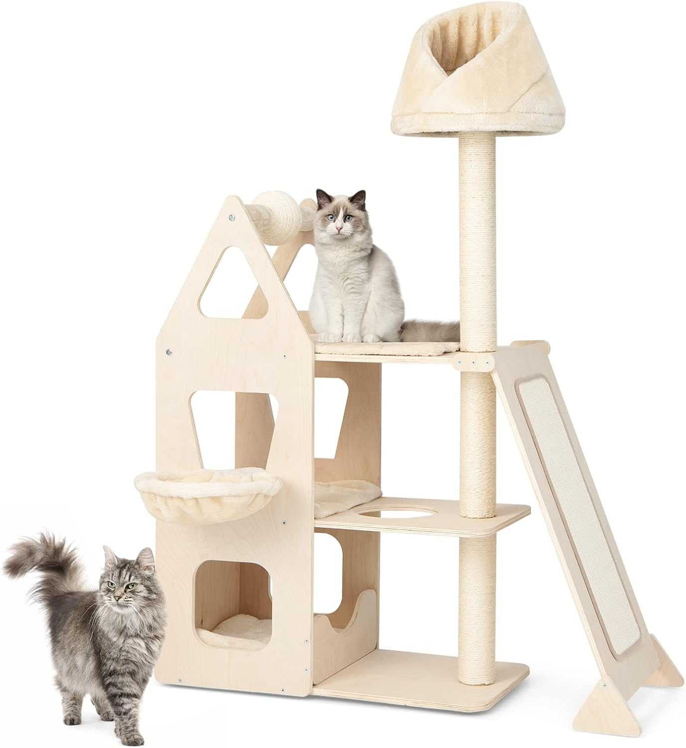 Costway Multi-Level Wood Cat Tree, Cat Tower with Sisal Scratching Post, Ball & Board, Plush Condo, Platforms, Padded Perch, Cozy Hammock, Kitten Condo Furniture for Rest & Fun, Beige