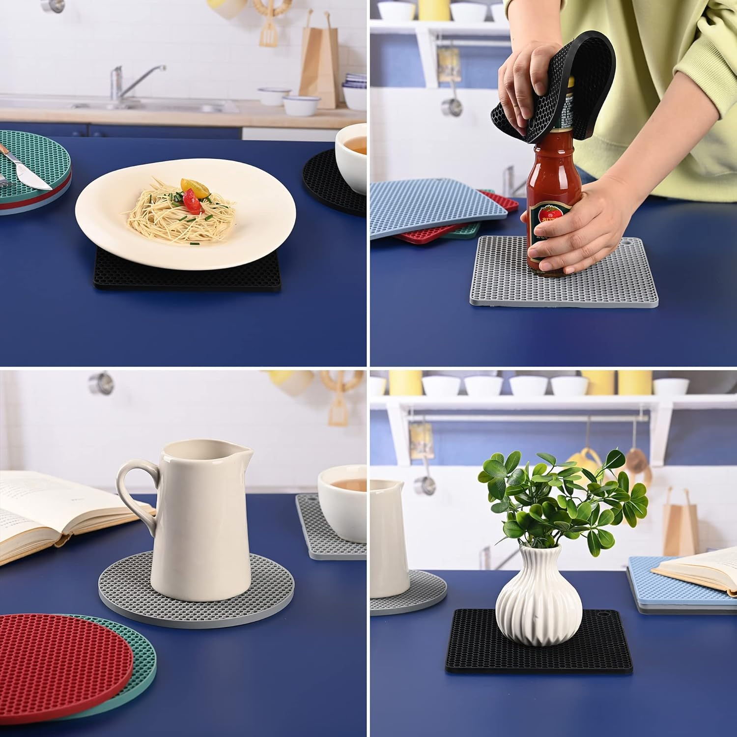 Black Silicone Trivets for Pots and Pans, Silicone Hot Pads Mats, Heat Resistant Trivet Mat Pot Holder, Counter Top Protector and Teapot Coaster Set of 4 (2 Round+2 Square Mats) image number 1