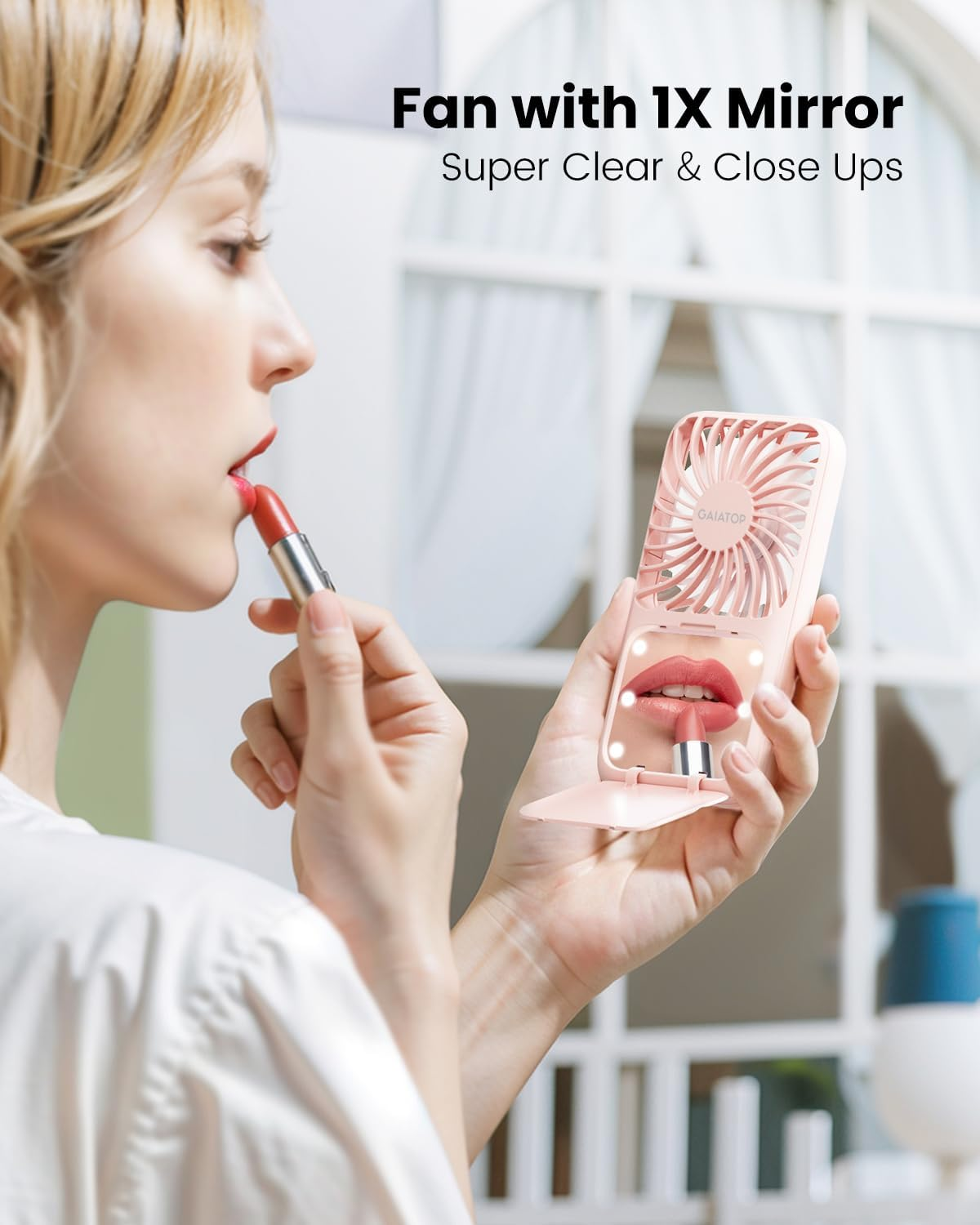 Gaiatop Portable Handheld Fan, Folding Stand for Desktop, 3 Speed LED Makeup Mirror with Light, Rechargeable Mini Personal Fans Small Travel Essentials Gifts for Women Girls Pink image number 5