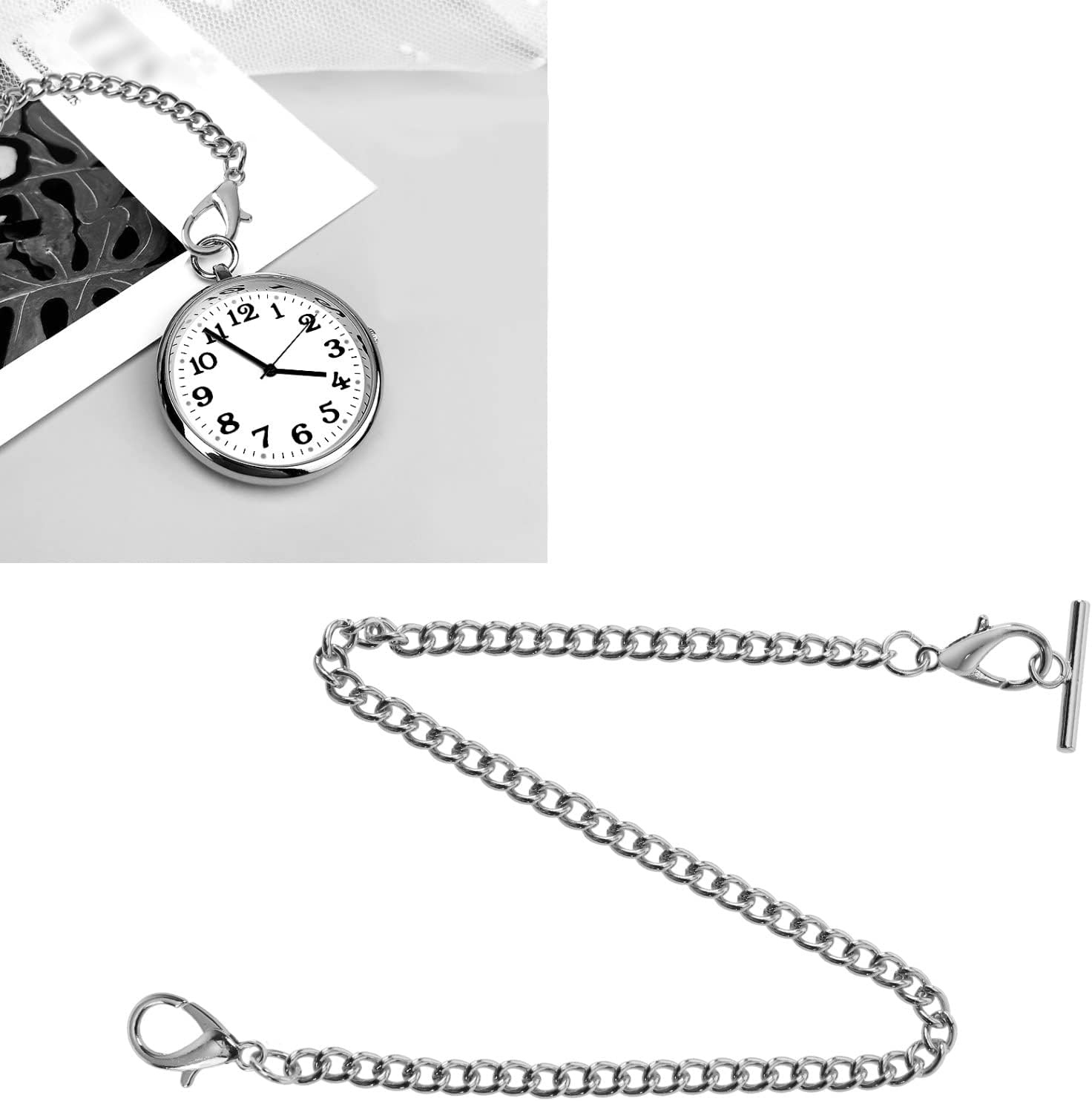 Emsea Pocket Watch Albert Vest Chain with T Bar & Lobster Clasps Plating 14 Inch Classic Metal Watch Chain Link & Pocket Watch Stand Single Link Vest Belt - Silver image number 6