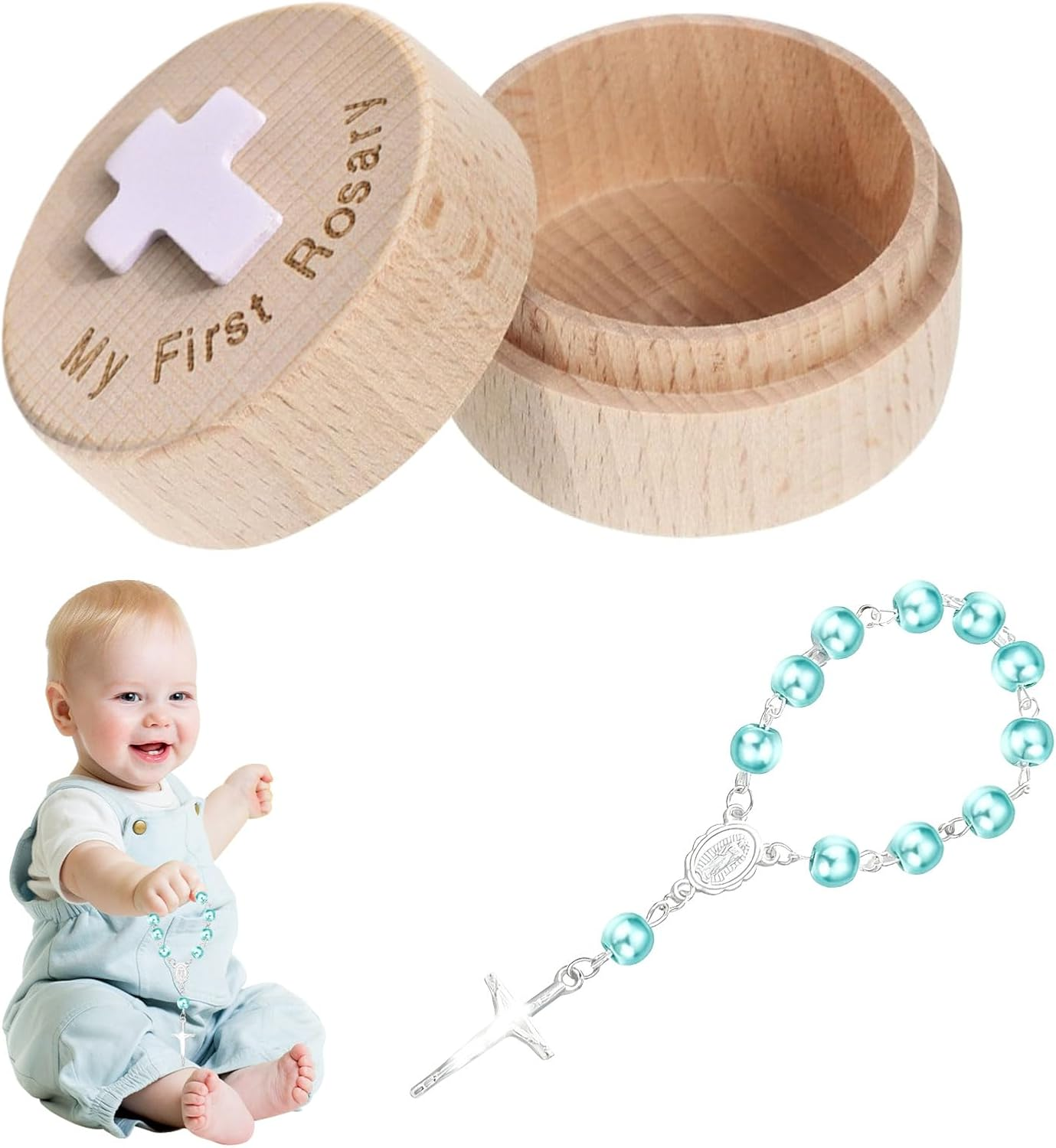 Baptism Gifts for Boys, Baby Boy Gifts, Baby Girl Gift 1St Birthday, Baptism Keepsake Box, Wooden Rosary Jewelry Box, with My First Rosary Engraving, Organizer for Communion and Home Decor image number 3