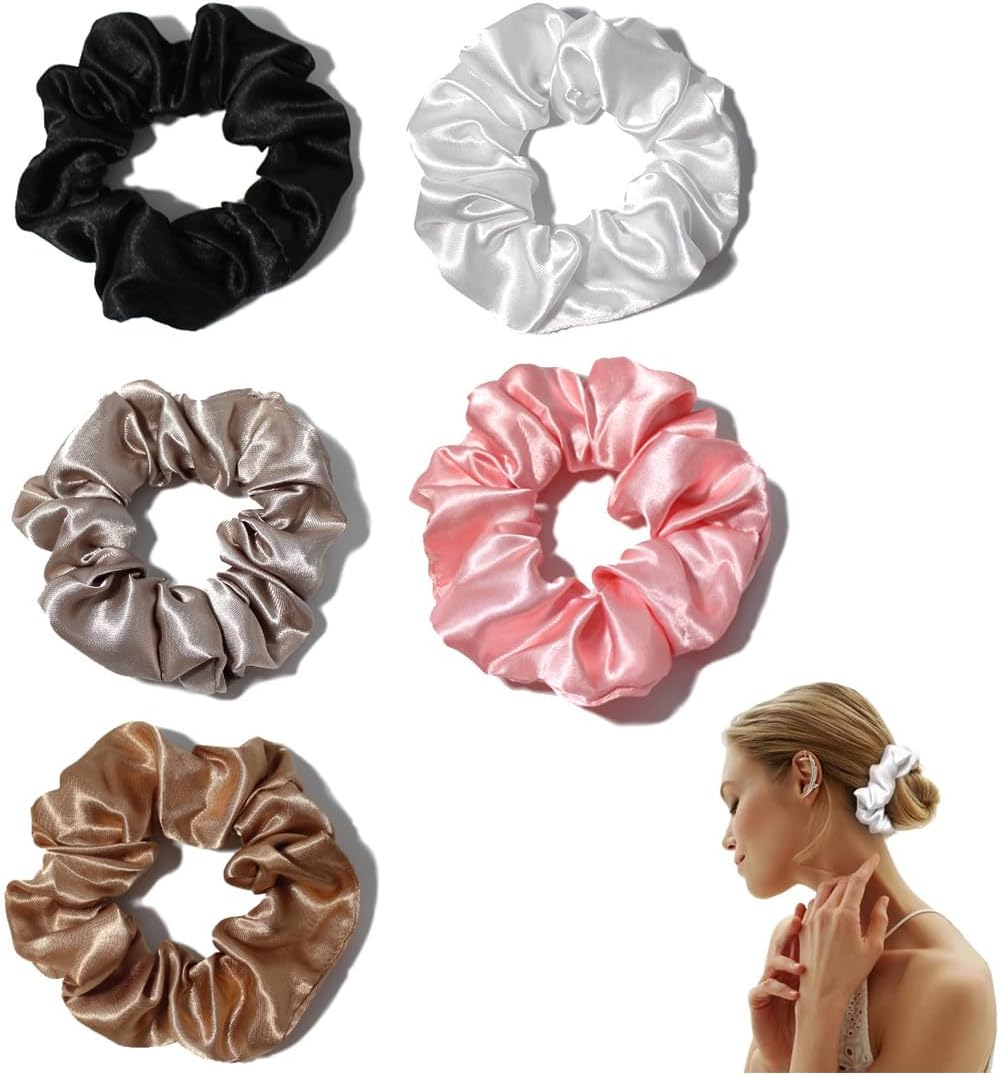 JRYXDS Set of 5 Mulberry Silk Scrunchies for Women, Luxurious Elastic Striped for Less Frizz and Hair Breakage (Grey, White, Black, Yellow, Pink) image number 5