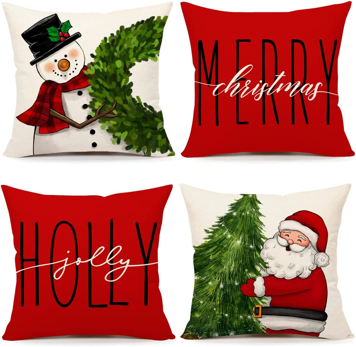 4TH Emotion Red Christmas Pillow Covers 20X20 Set of 4 Farmhouse Christmas Decorations Snowman Wreath Santa Claus Tree Merry Christmas Holly Jolly Winter Holiday Decor for Home Couch S22C17-20 image number 7