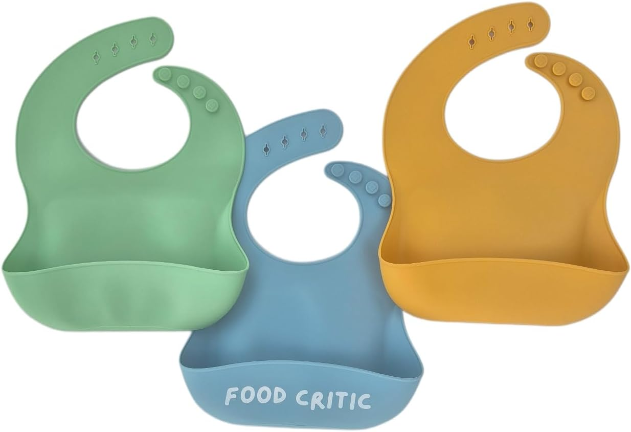 Food Critic Set of 3 Bibs with Food Catcher 100% Food Grade Silicone, BPA PVC Phthalate Free