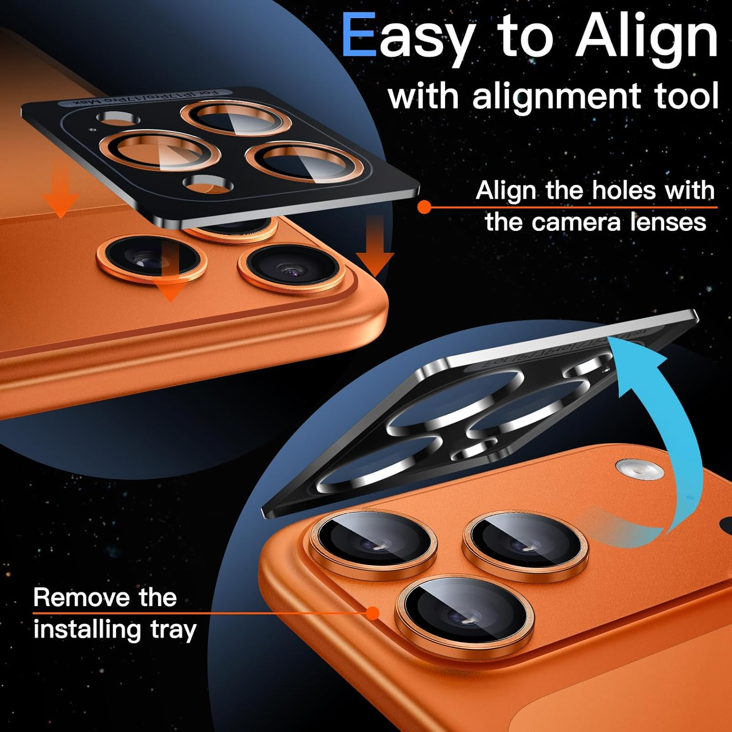 Jetech Camera Lens Protector for Iphone 17 Pro 6.3-Inch and Iphone 17 Pro Max 6.9-Inch, 9H Tempered Glass Metal Individual Ring Cover, Easy Installation Tray, HD Clear, 1 Set (Orange) - Deep Blue image number 6
