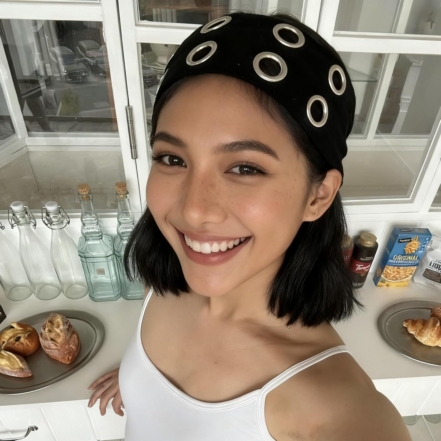 Punk Grunge Wide Hair Bands Women Hollow Eyelets Elastic Headband Hair Band with Rivets Wide Punk Rock Headband with Stretch for Women Fitness Yoga and Running image number 2