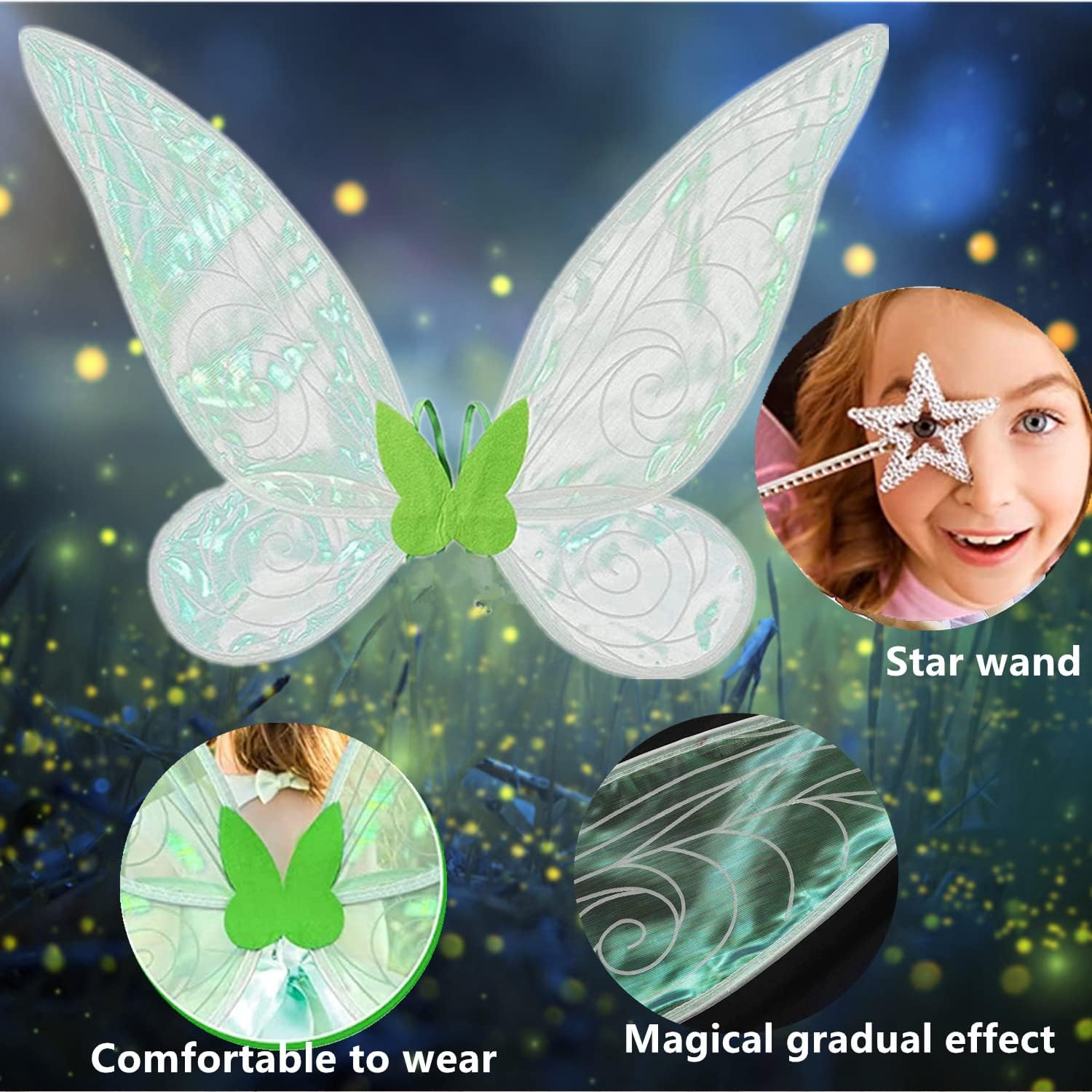 Fairy Wings, Fairy Wings for Adult Women Kids Girls Butterfly Wings Dress up Fairy Angel Princess Set for Halloween Birthday Christmas Themed Party (Green) - Green image number 3
