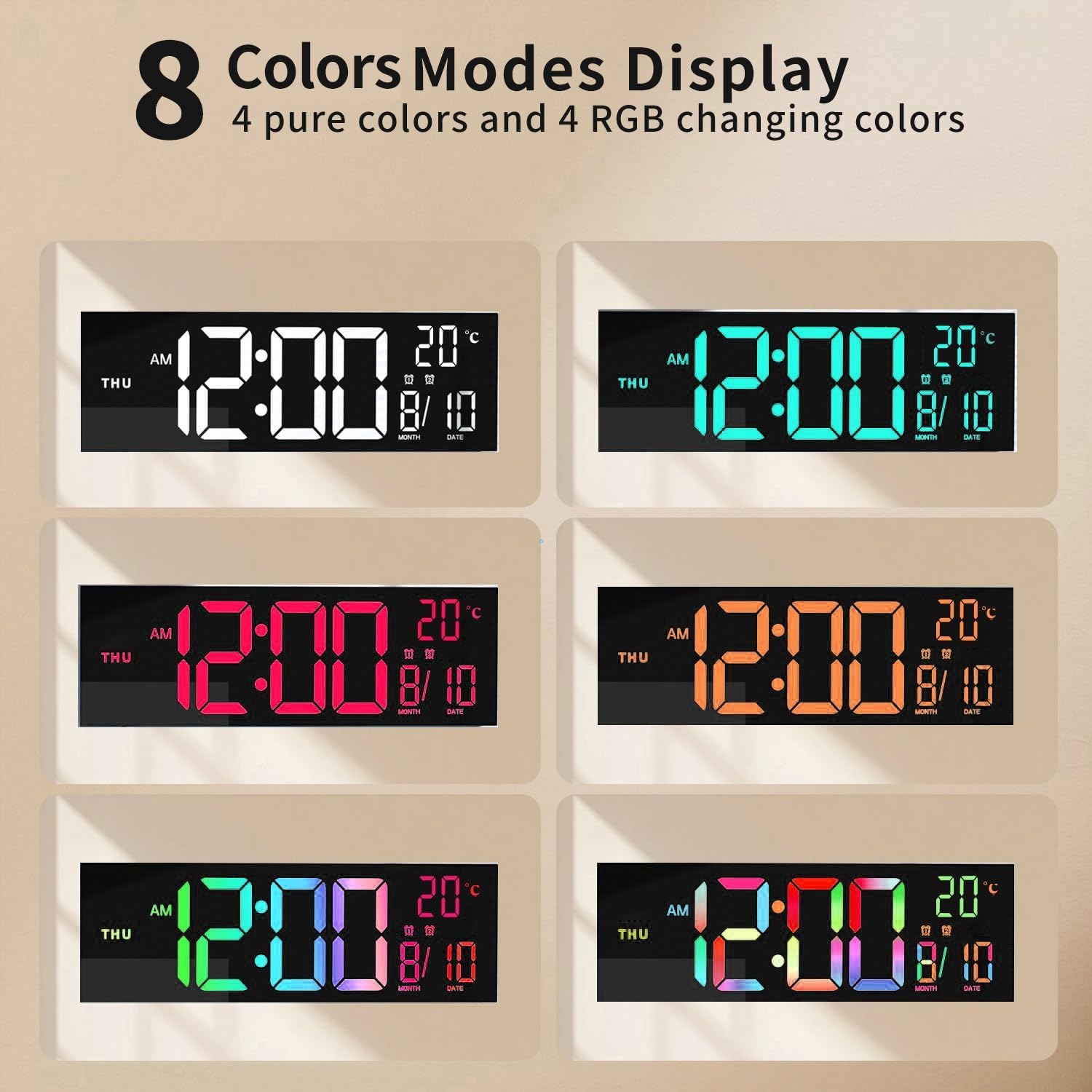 Alarm Clock 16 Inch, Large Clock with Remote Control, Digital Wall Clock LED Dispaly, 8 RGB Colors, 12/24H, Date, Temperature, Countdown Timer, Night Light for Bedroom, Loud Alarm Clock for Elderly