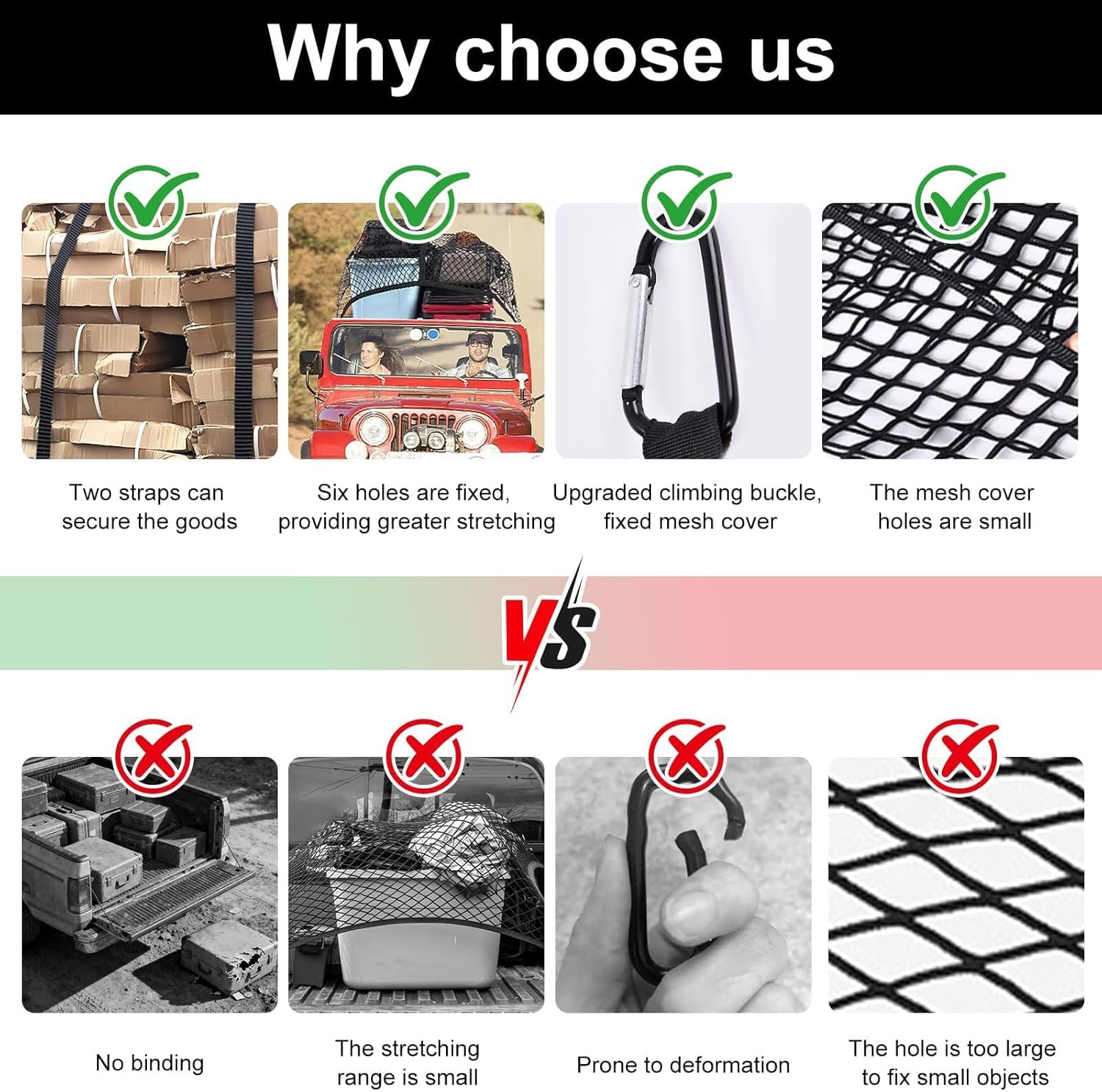 Highly Elastic Cargo Net Kit with 2 5M Tie down Straps &ndash; Elastic Trailer Net 4'X4' Expandable to 8'X8'With 6 Extra DIY Mesh Holes, 6 Hooks, 6 Carabiners & Storage Bag for UTE, Trailers, 4WD & Pickup image number 3