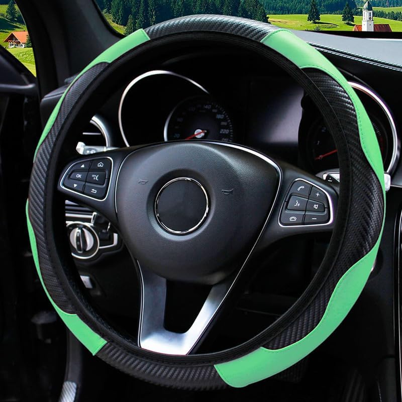 Car Steering Wheel Cover, Universal Size Steering Wheel Cover Fits 37-38 Cm/14.5-15 Inch, Non-Slip Carbon Fiber Microfibre, Breathable Car Accessories Steering Wheel Cover, Green