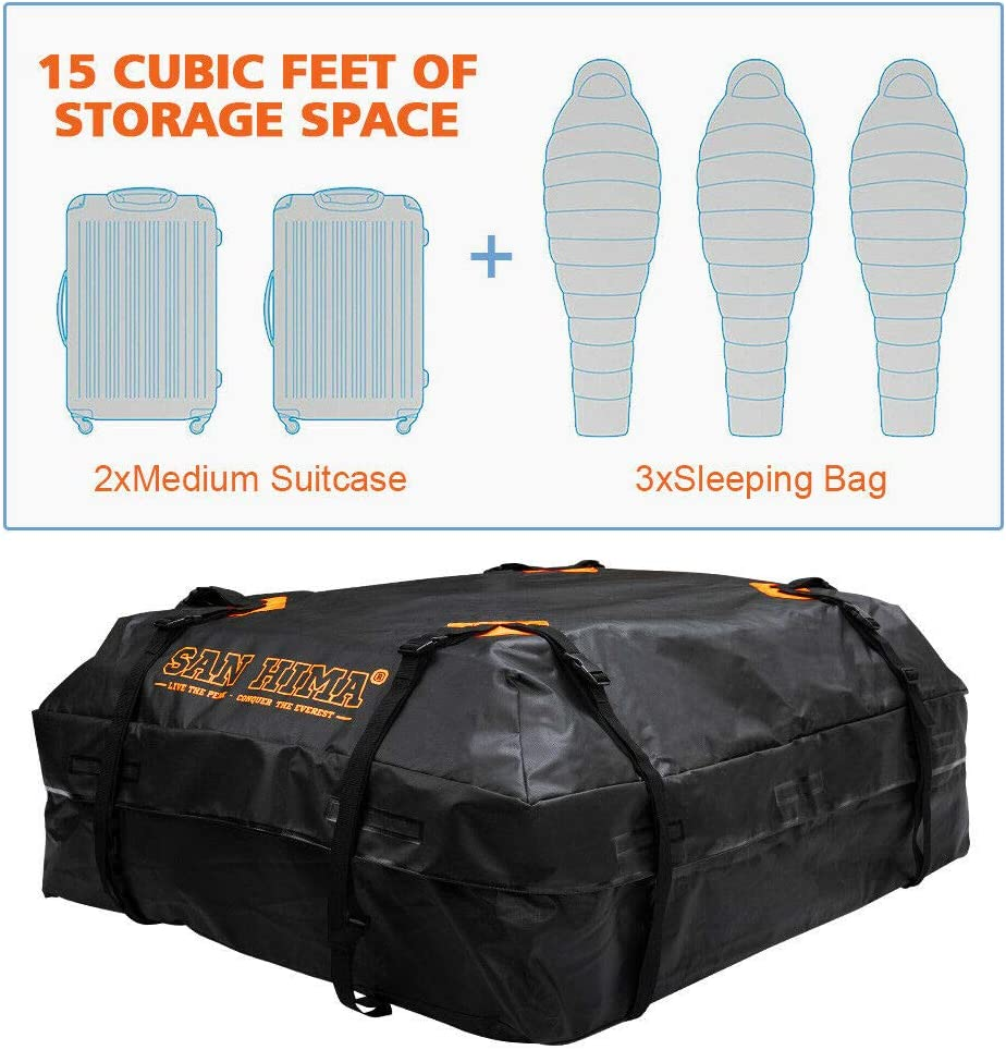 SAN HIMA Rooftop Cargo Carrier 15 Cubic Ft, Waterproof, with Anti-Slip Mat, 8 Heavy Duty Strap and Buckles, Car Roof Bag Soft-Shell Luggage Storage Fits All Cars With/Without Cross Bars for Travel image number 4