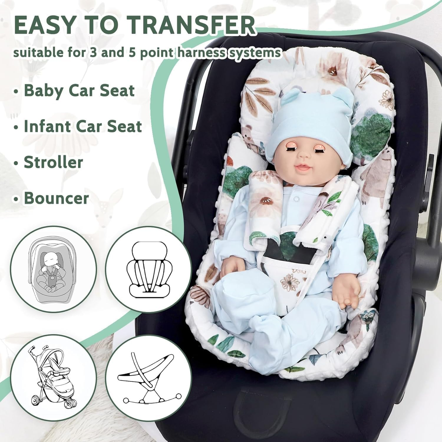 Infant Car Seat Insert and Strap Covers, Very Soft Car Seat Head and Body Support Baby Girl Boy, Reversible Newborn Carseat Insert Cushion Fits for Stroller, Baby Swing, Bouncer (White Animals)