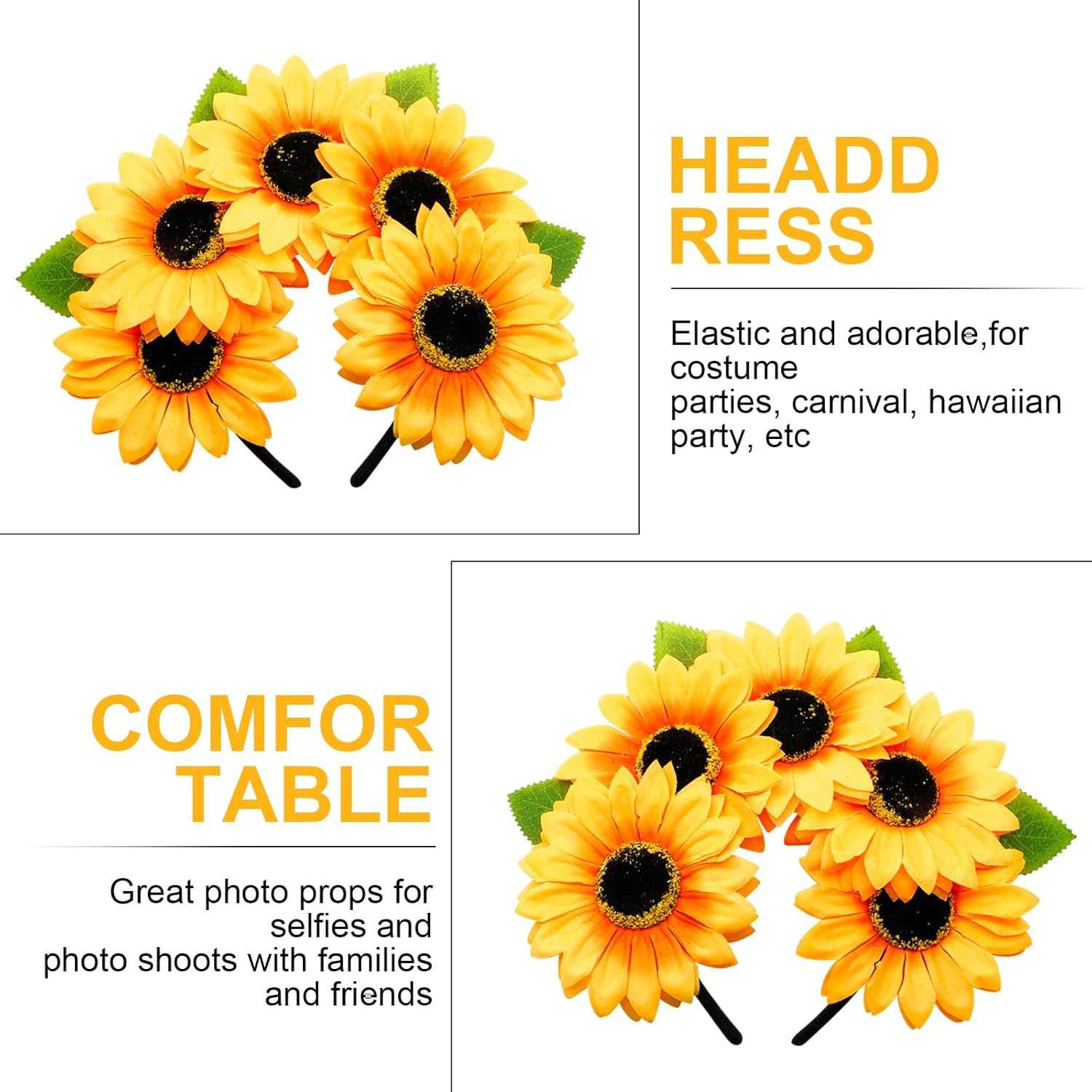 Rigidstone Sunflower Headband, Bohemian Sunflower Headpiece with Sunflower Necklace, Women Flowers Headband for Beach Photography Props Masquerade Party Decoration Pack of 2 image number 4